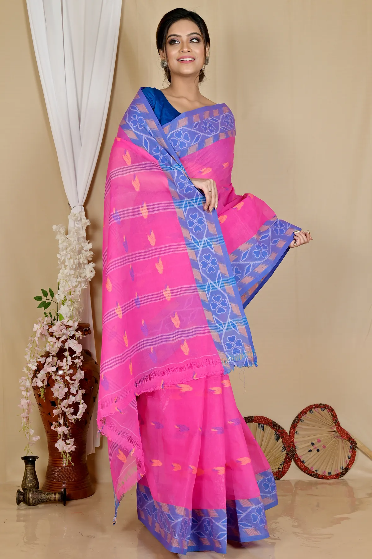 DipDiya Pure Cotton Pink Komtai Classic Grace Tant Sarees