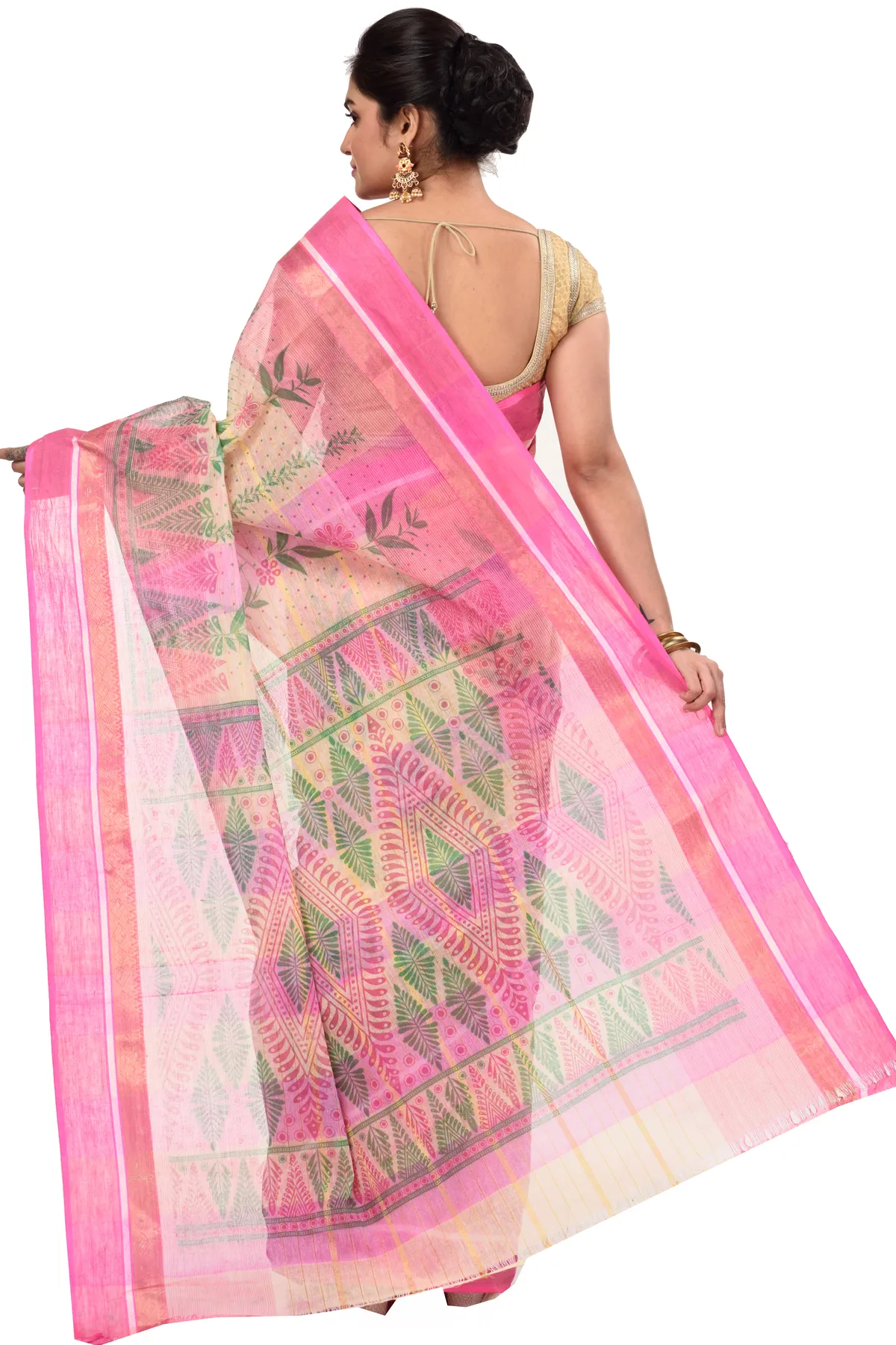 DipDiya Pure Cotton Pink Lata Pata Bengal in Every Thread Printed Tant Sarees