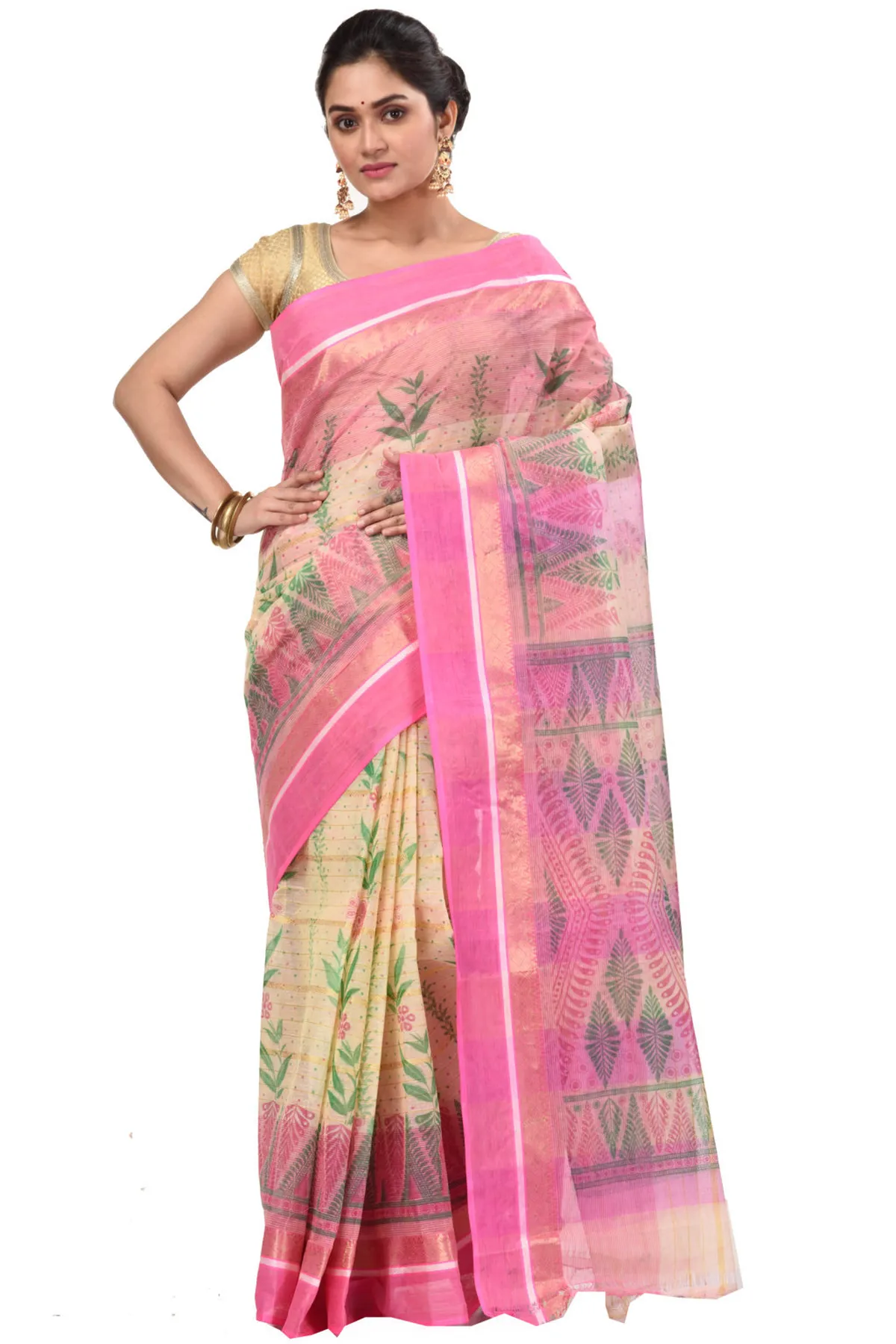 DipDiya Pure Cotton Pink Lata Pata Bengal in Every Thread Printed Tant Sarees