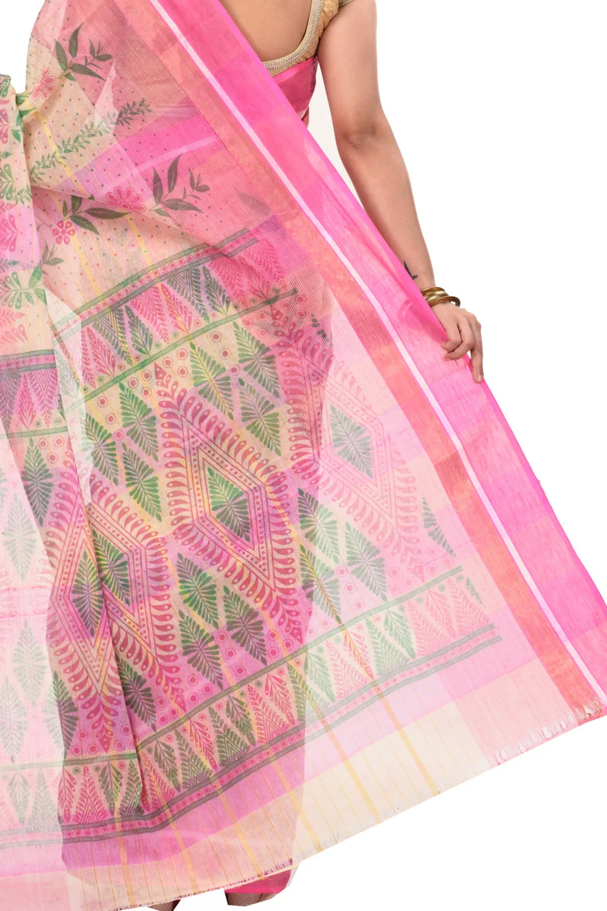 DipDiya Pure Cotton Pink Lata Pata Bengal in Every Thread Printed Tant Sarees