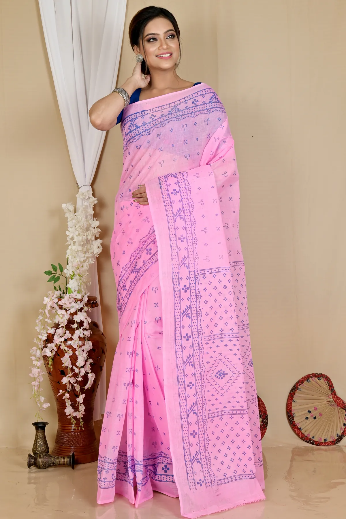 DipDiya Pure Cotton Pink Liko Bengal’s Legacy Printed Tant Sarees