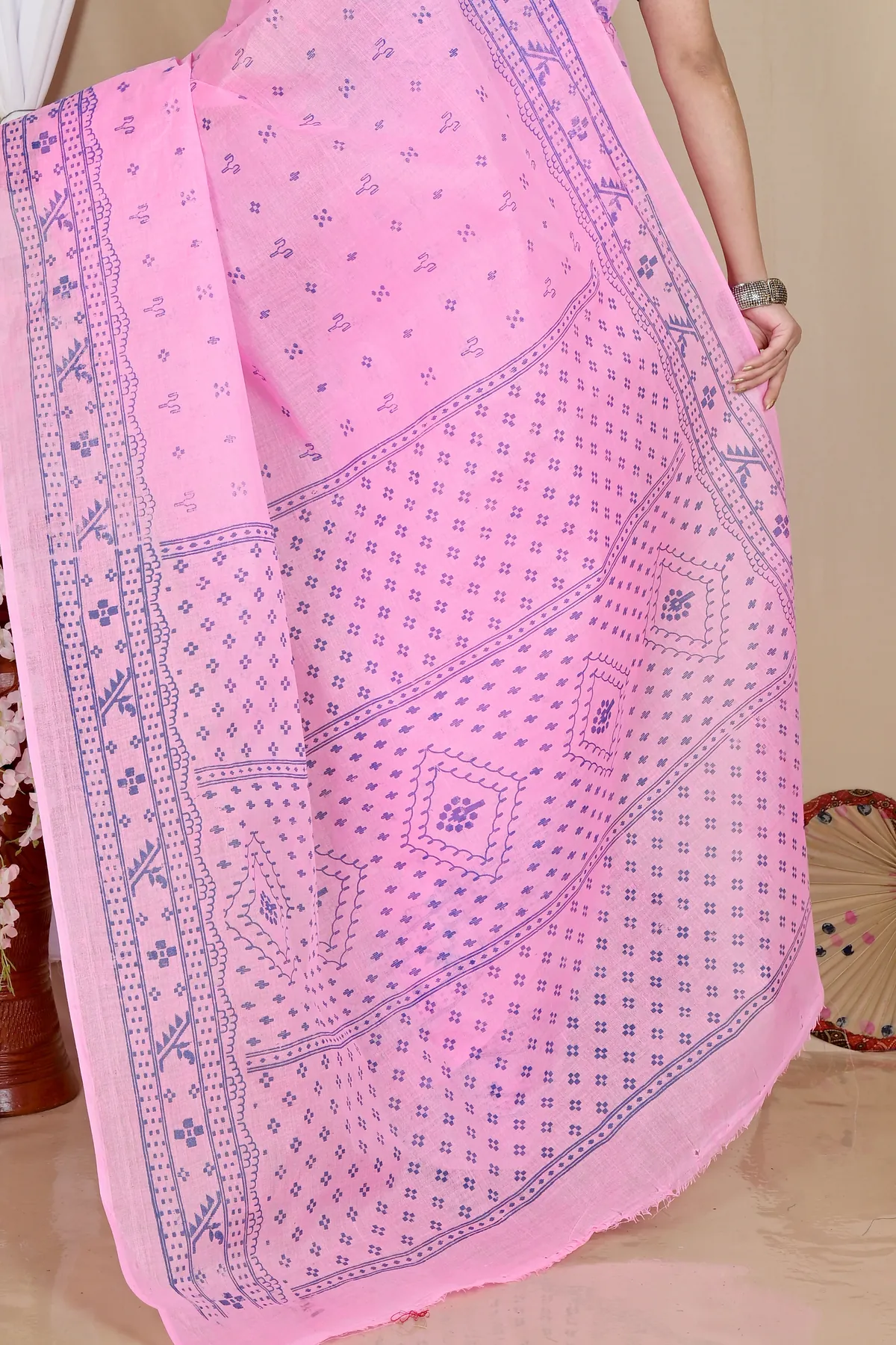DipDiya Pure Cotton Pink Liko Bengal’s Legacy Printed Tant Sarees
