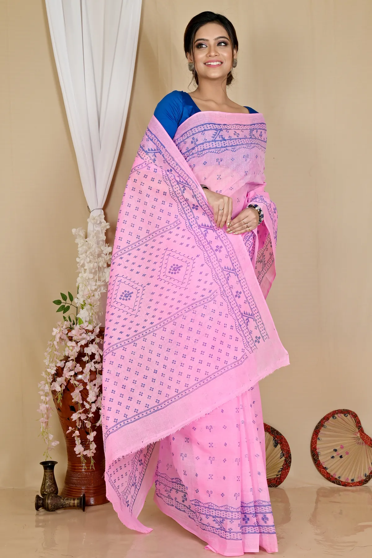 DipDiya Pure Cotton Pink Liko Bengal’s Legacy Printed Tant Sarees