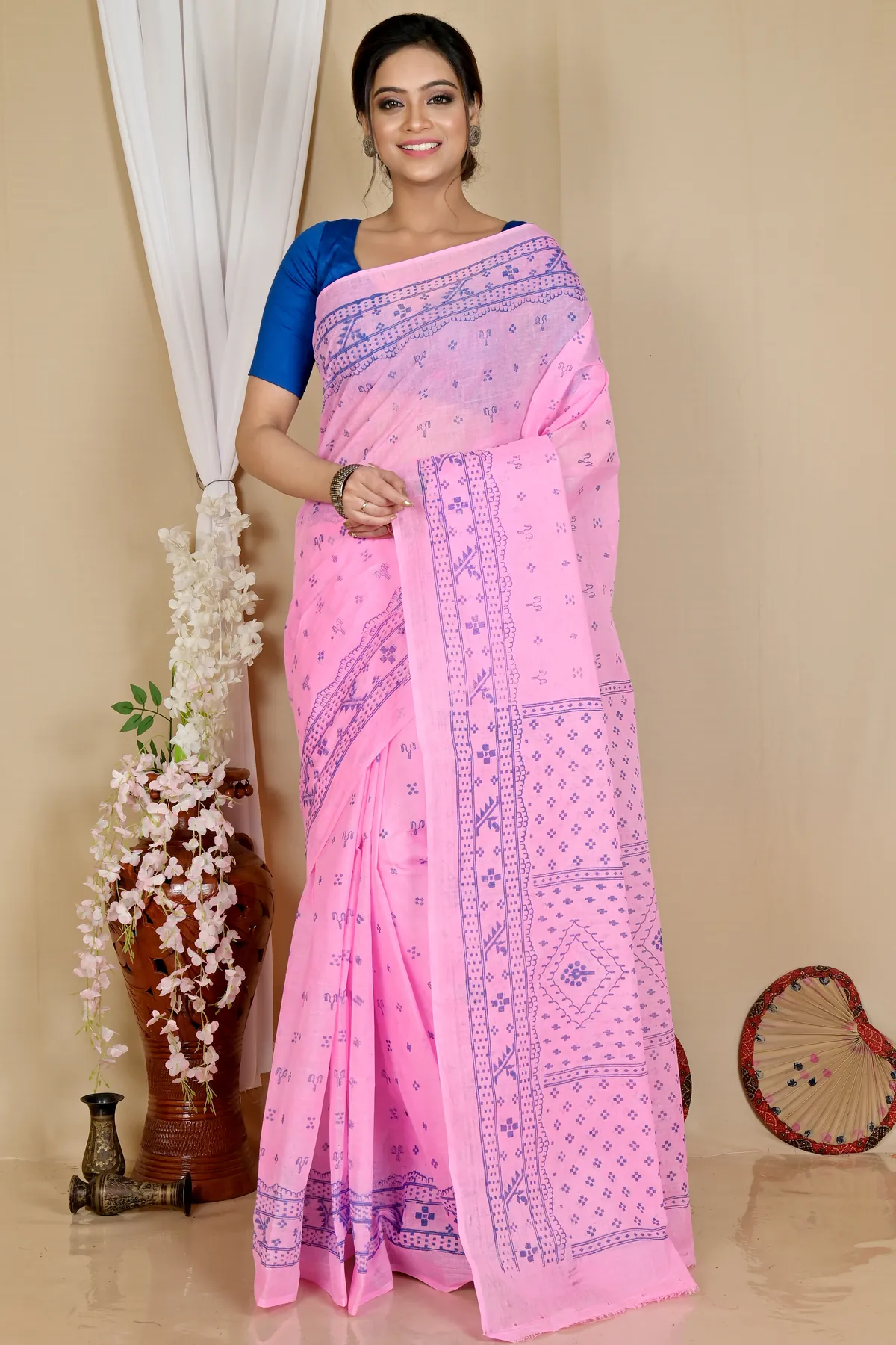 DipDiya Pure Cotton Pink Liko Bengal’s Legacy Printed Tant Sarees