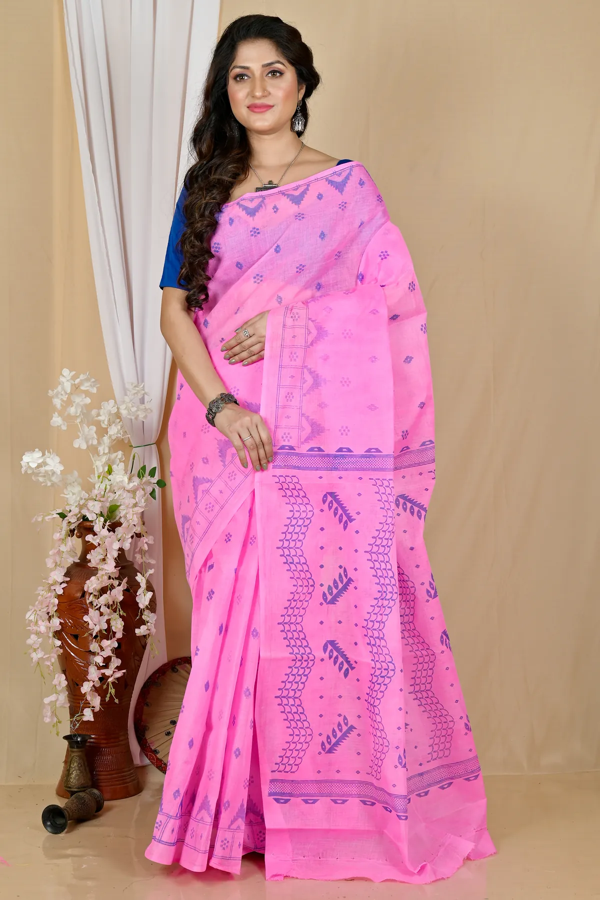 DipDiya Pure Cotton Pink Lupata Masterfully Woven Printed Tant Sarees