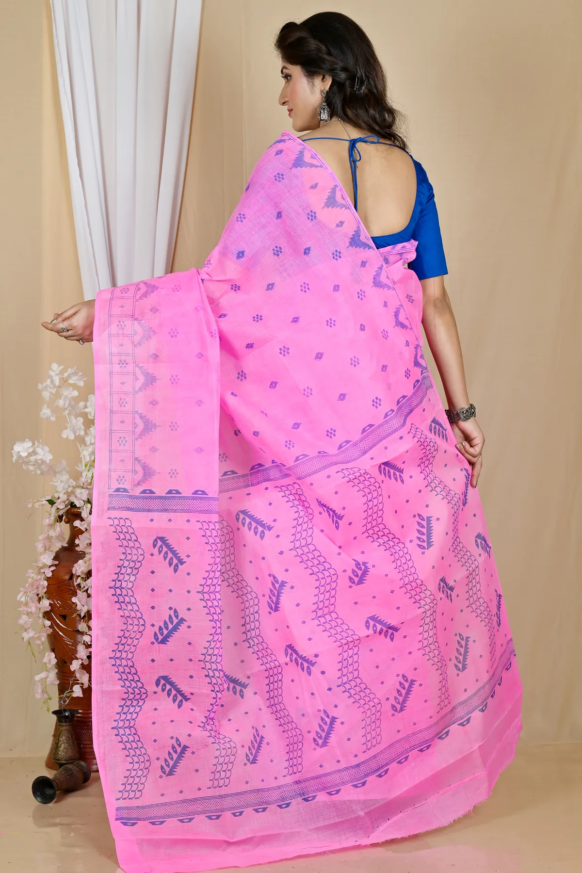DipDiya Pure Cotton Pink Lupata Masterfully Woven Printed Tant Sarees