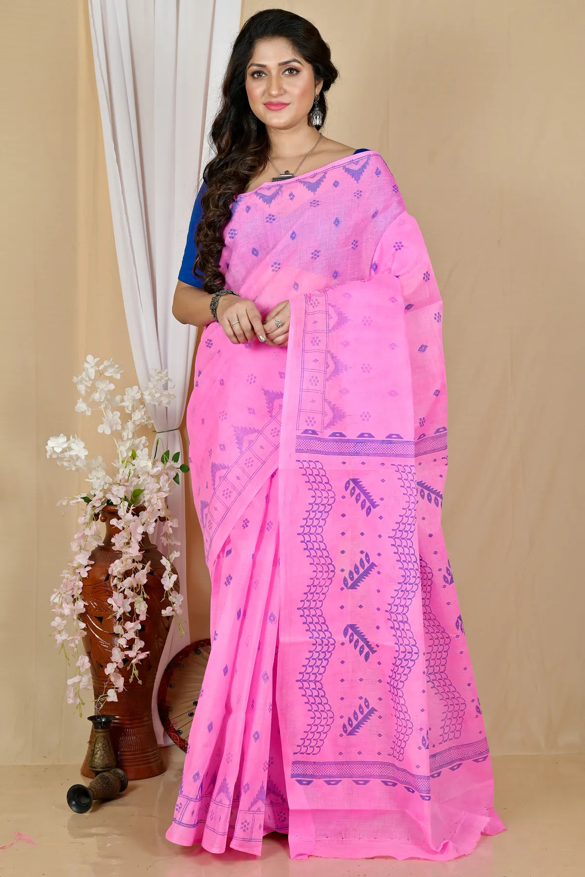 DipDiya Pure Cotton Pink Lupata Masterfully Woven Printed Tant Sarees