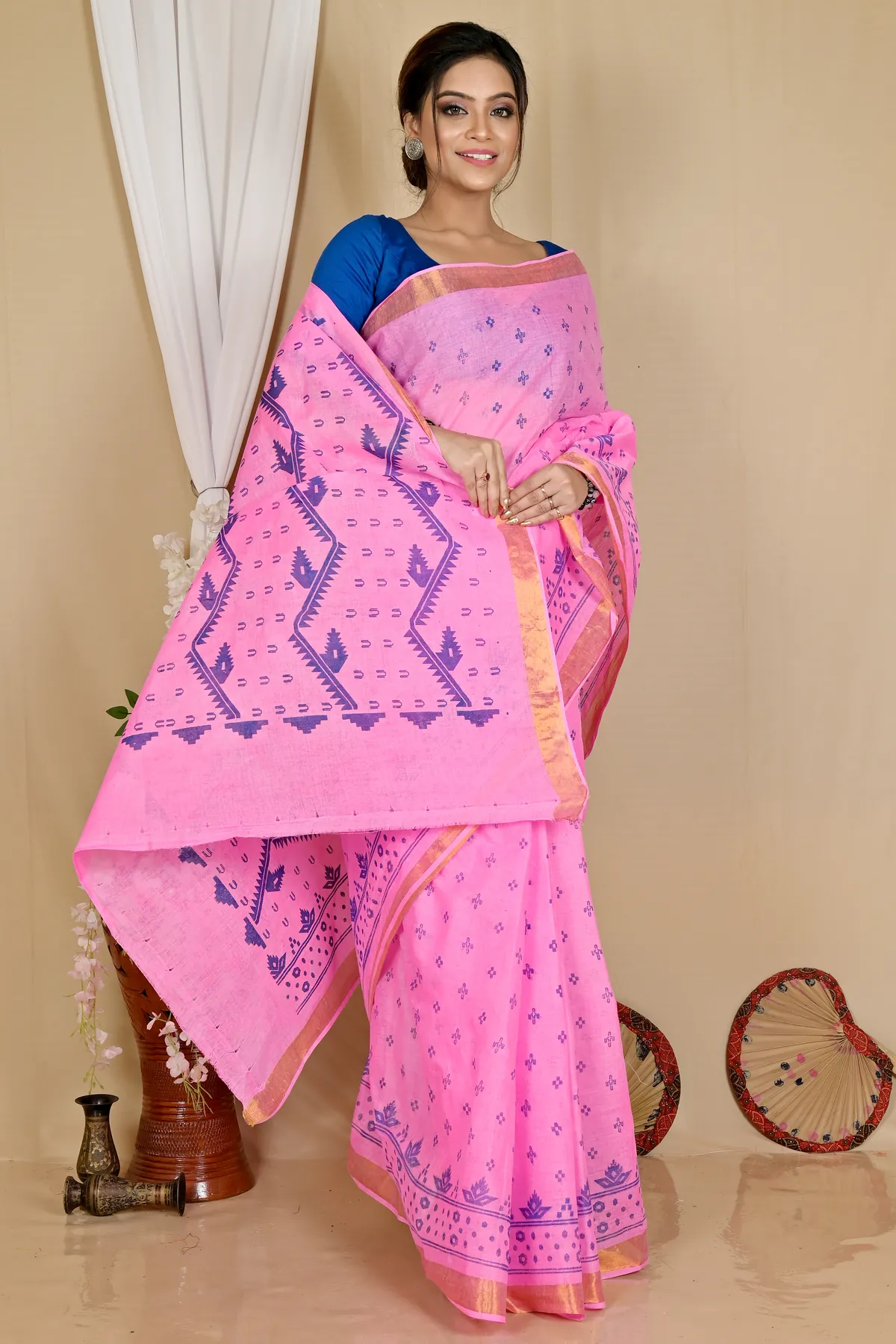 DipDiya Pure Cotton Pink Luvna Essence of Bengal Printed Tant Sarees
