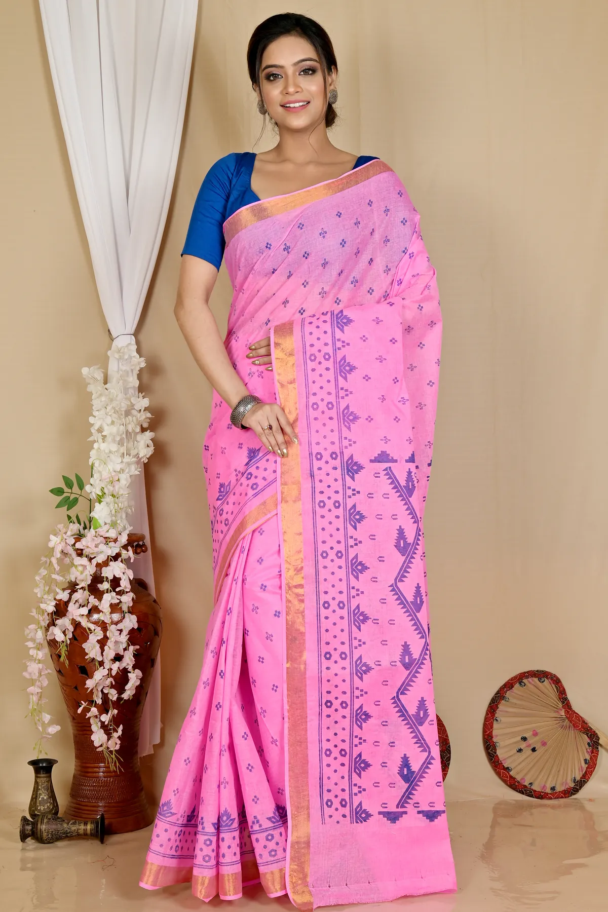 DipDiya Pure Cotton Pink Luvna Essence of Bengal Printed Tant Sarees