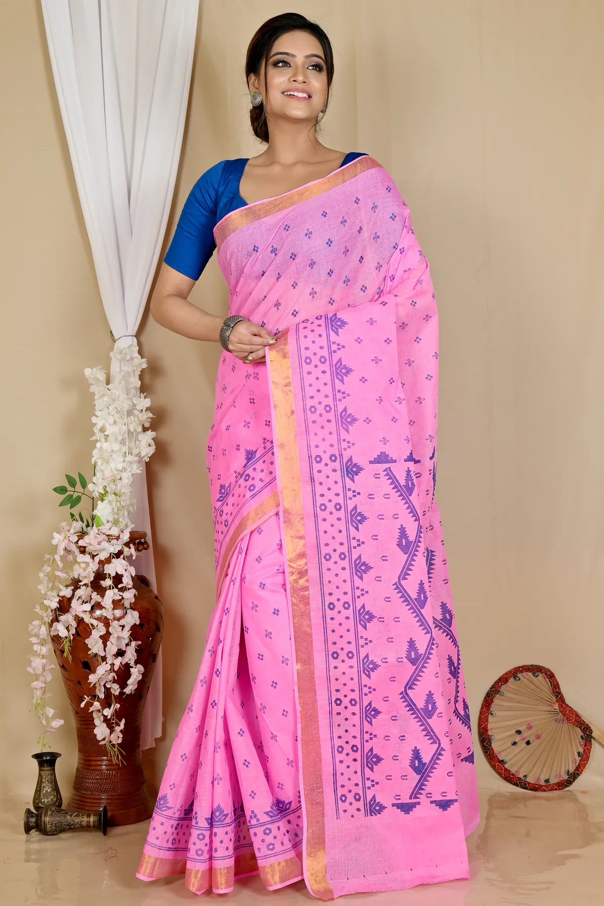 DipDiya Pure Cotton Pink Luvna Essence of Bengal Printed Tant Sarees