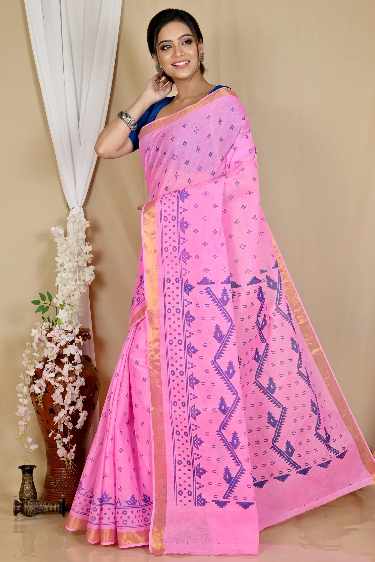 DipDiya Pure Cotton Pink Luvna Essence of Bengal Printed Tant Sarees