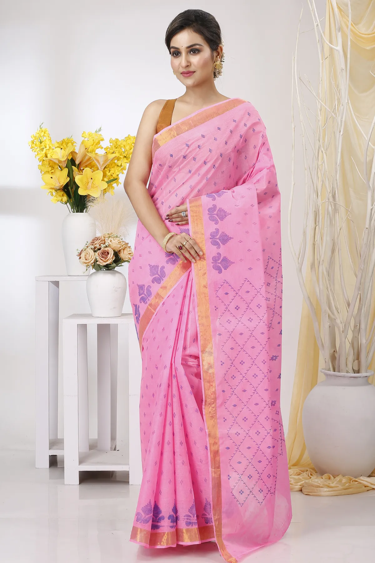 DipDiya Pure Cotton Pink Luvya Wrapped in Heritage Printed Tant Sarees
