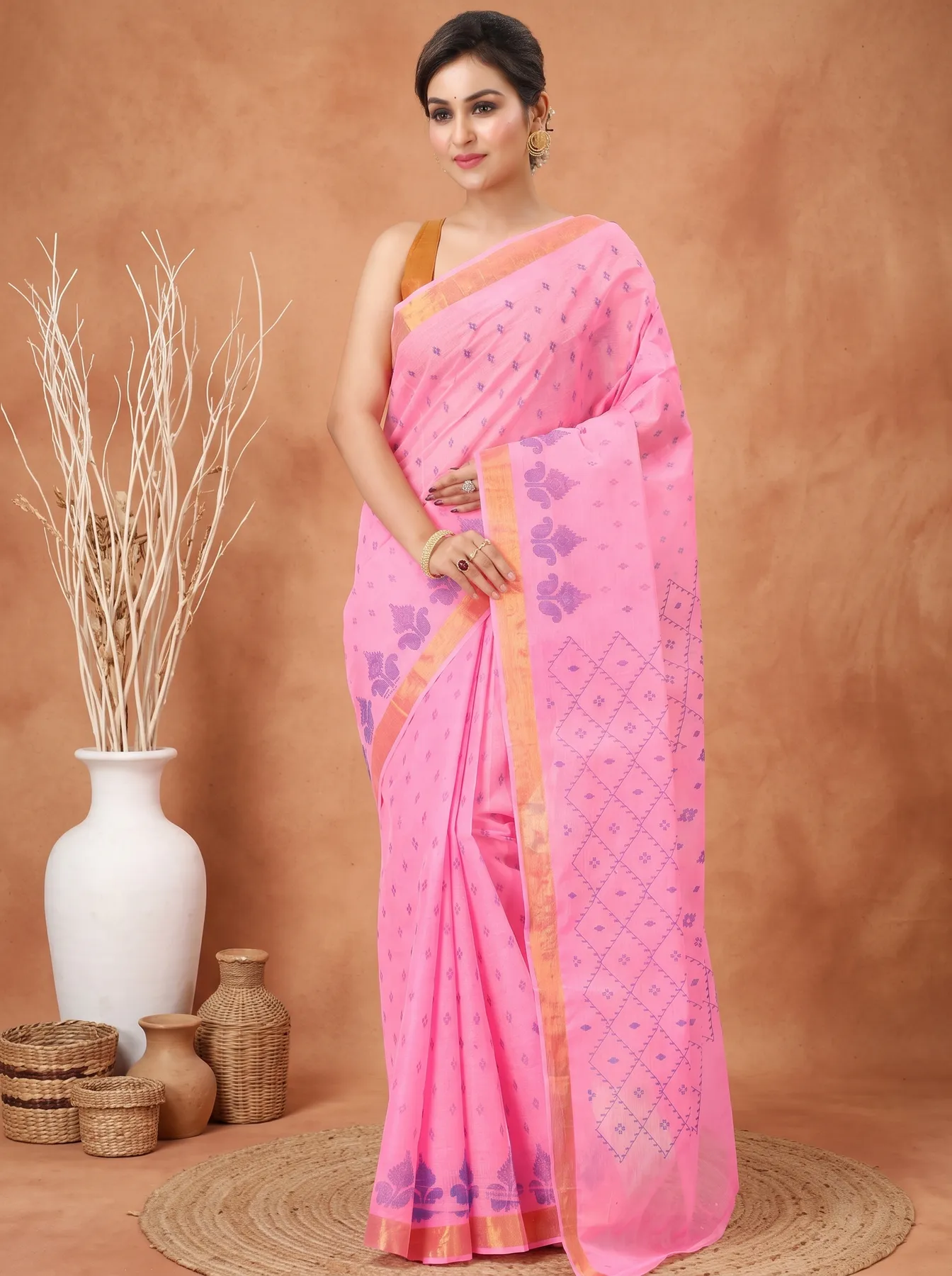 DipDiya Pure Cotton Pink Luvya Wrapped in Heritage Printed Tant Sarees