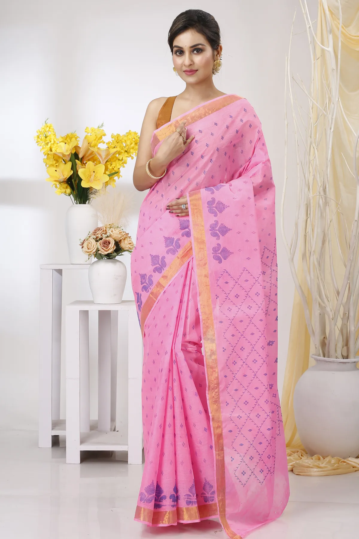 DipDiya Pure Cotton Pink Luvya Wrapped in Heritage Printed Tant Sarees