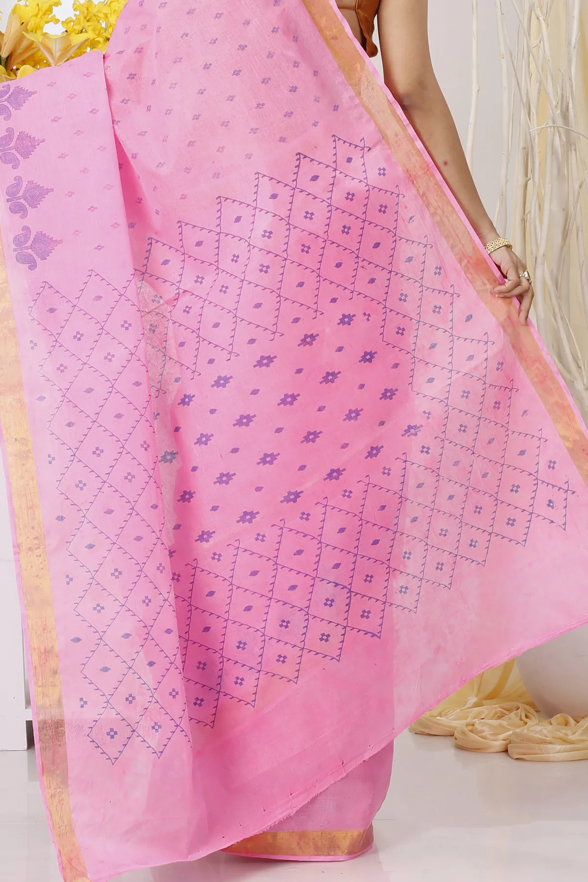 DipDiya Pure Cotton Pink Luvya Wrapped in Heritage Printed Tant Sarees