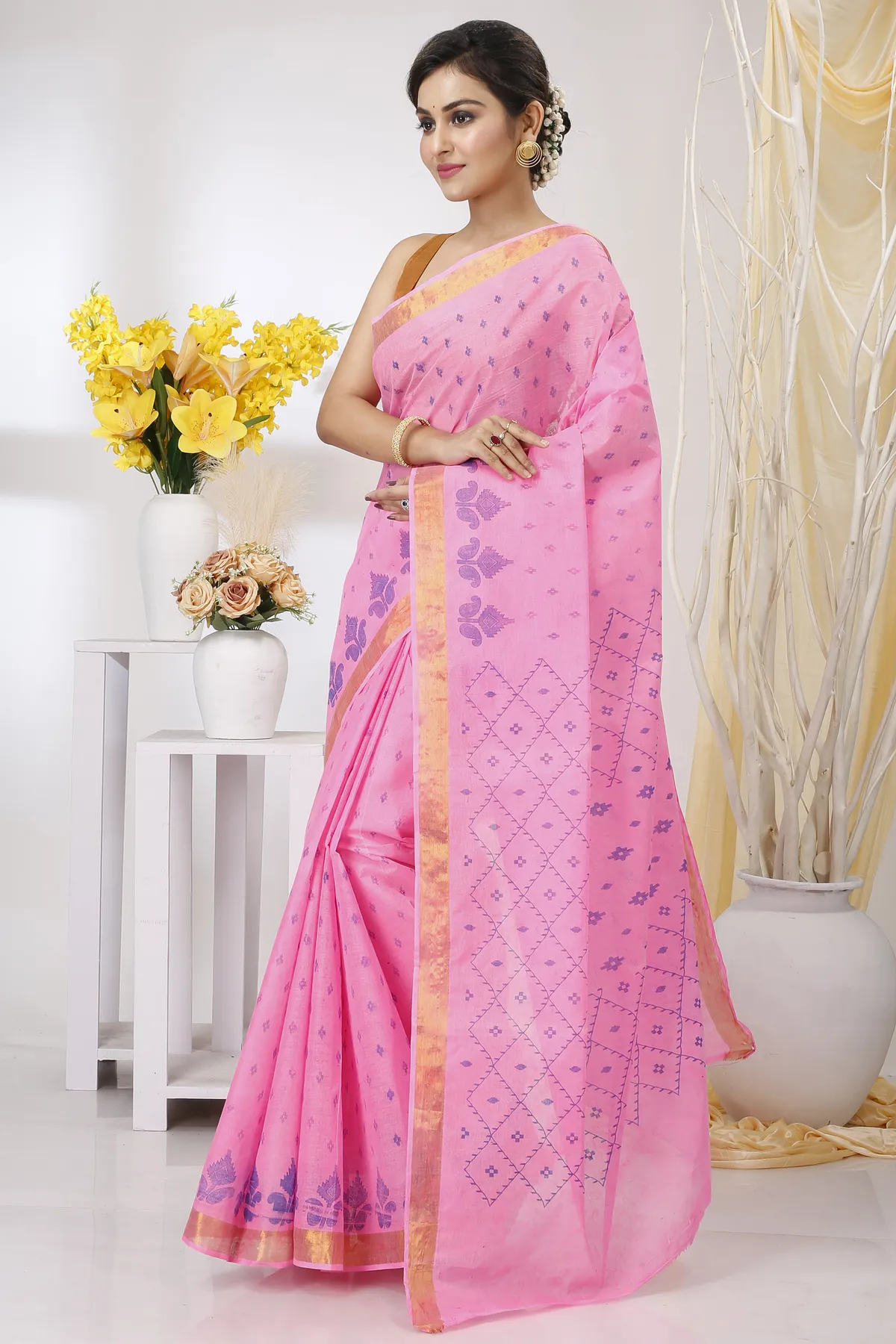 DipDiya Pure Cotton Pink Luvya Wrapped in Heritage Printed Tant Sarees