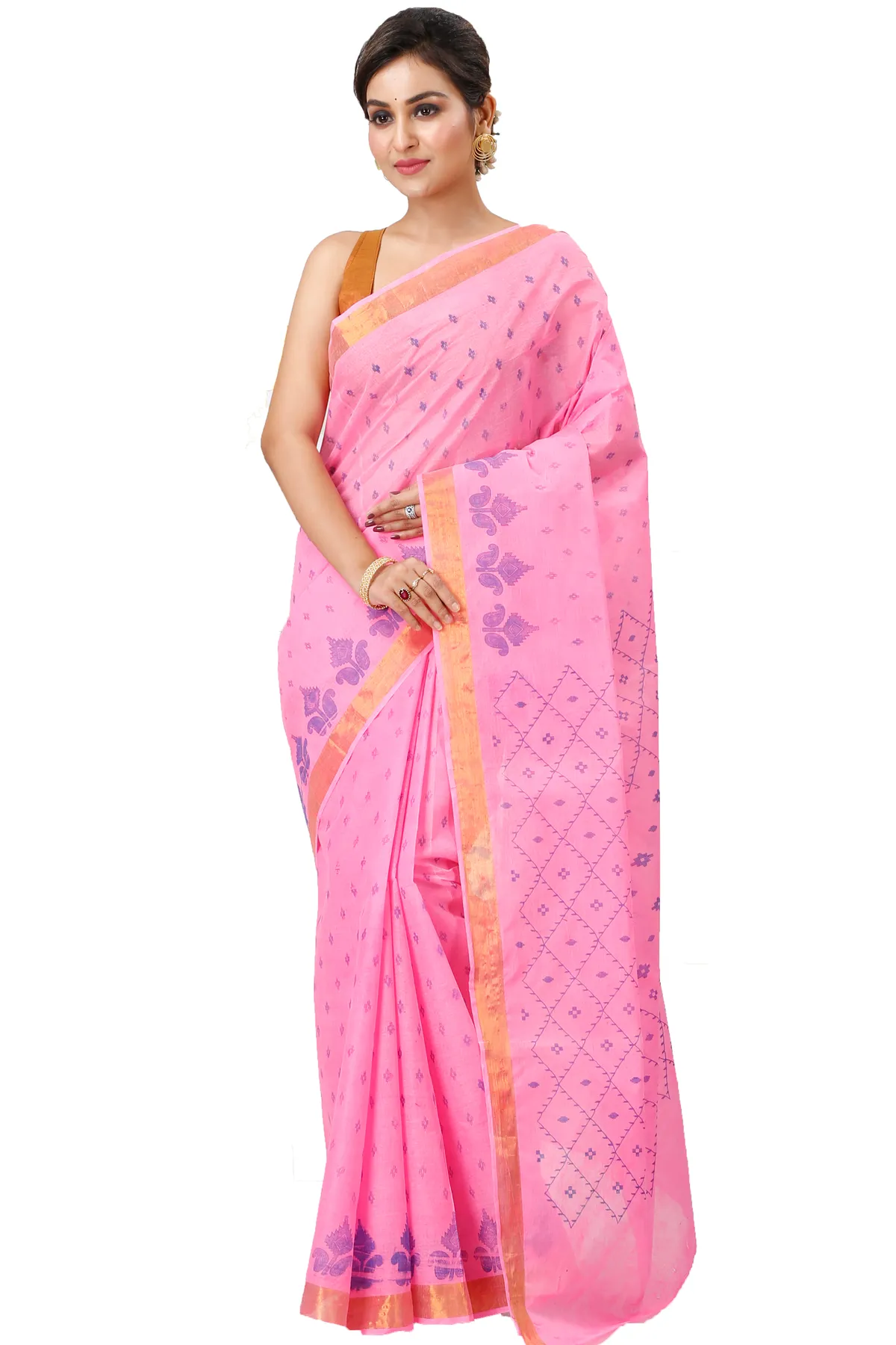 DipDiya Pure Cotton Pink Luvya Wrapped in Heritage Printed Tant Sarees