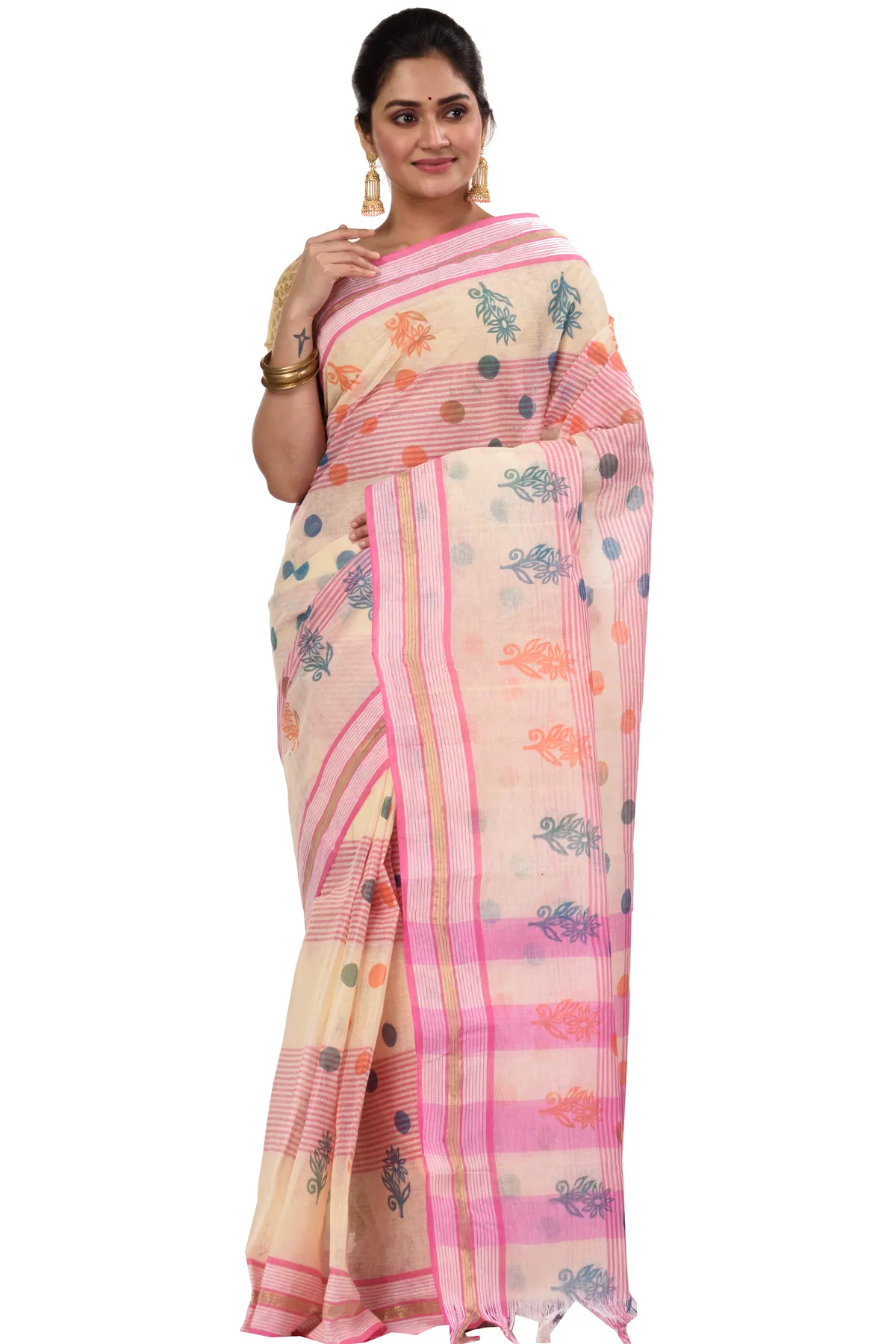 DipDiya Pure Cotton Pink Matha Saree Grace of Bengal Printed Tant Sarees