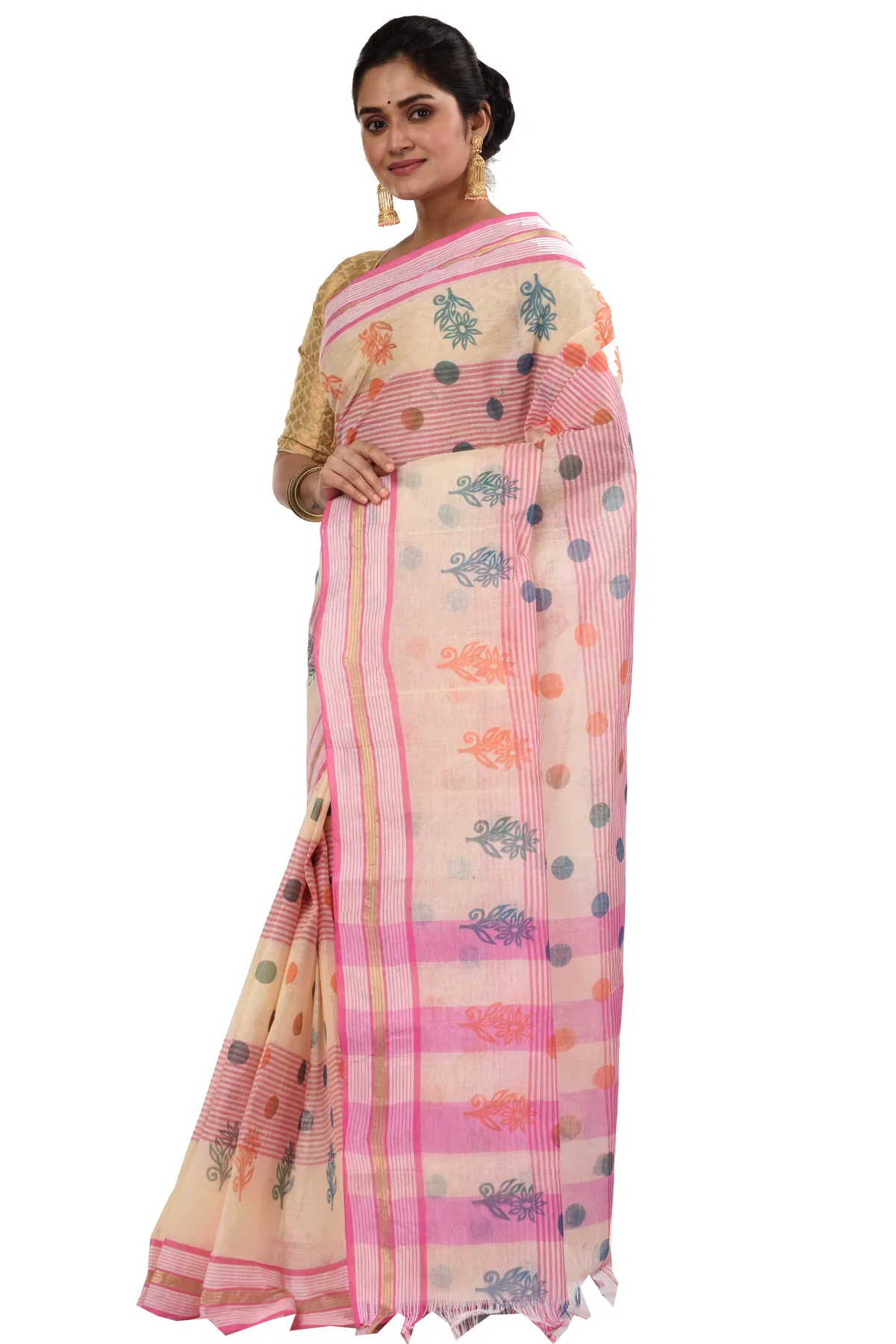 DipDiya Pure Cotton Pink Matha Saree Grace of Bengal Printed Tant Sarees