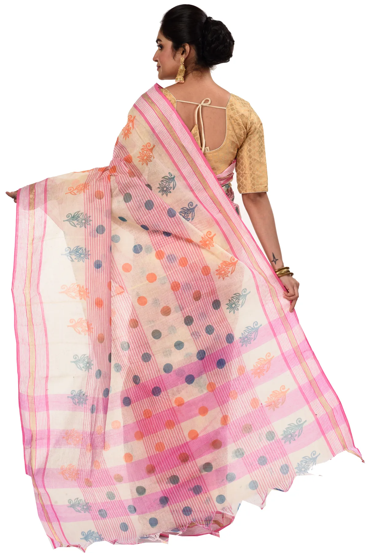 DipDiya Pure Cotton Pink Matha Saree Grace of Bengal Printed Tant Sarees