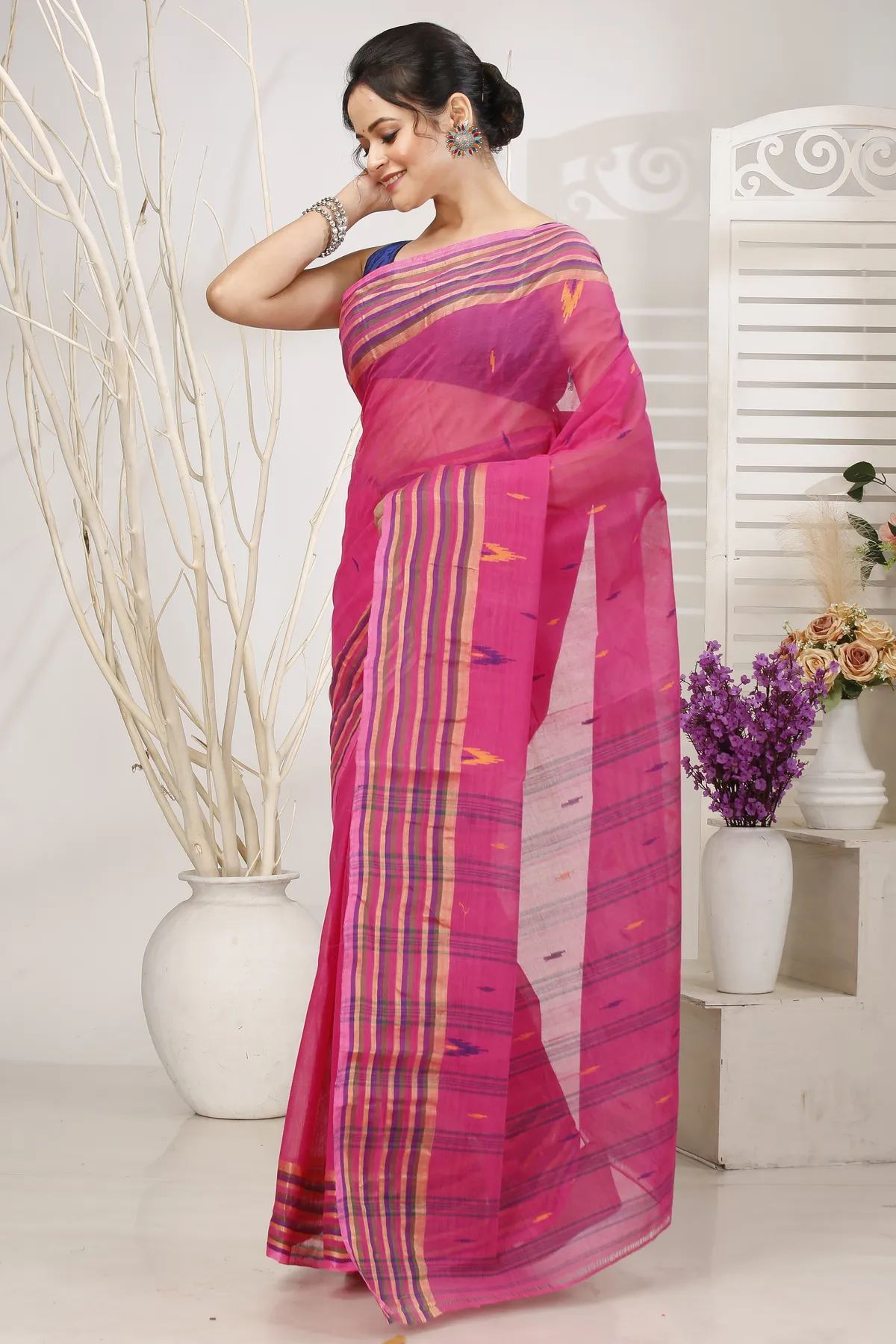 DipDiya Pure Cotton Pink mena Bengal in Every Thread Tant Sarees