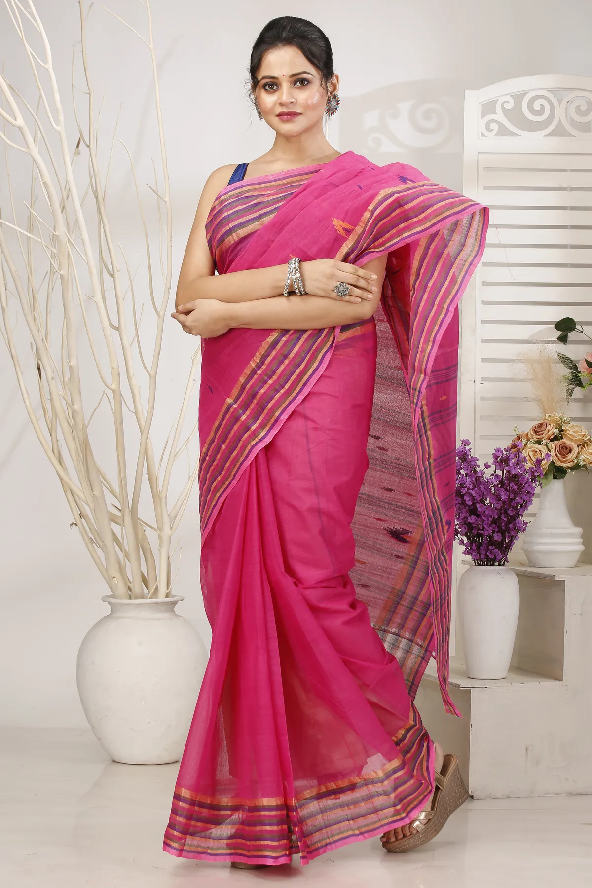 DipDiya Pure Cotton Pink mena Bengal in Every Thread Tant Sarees
