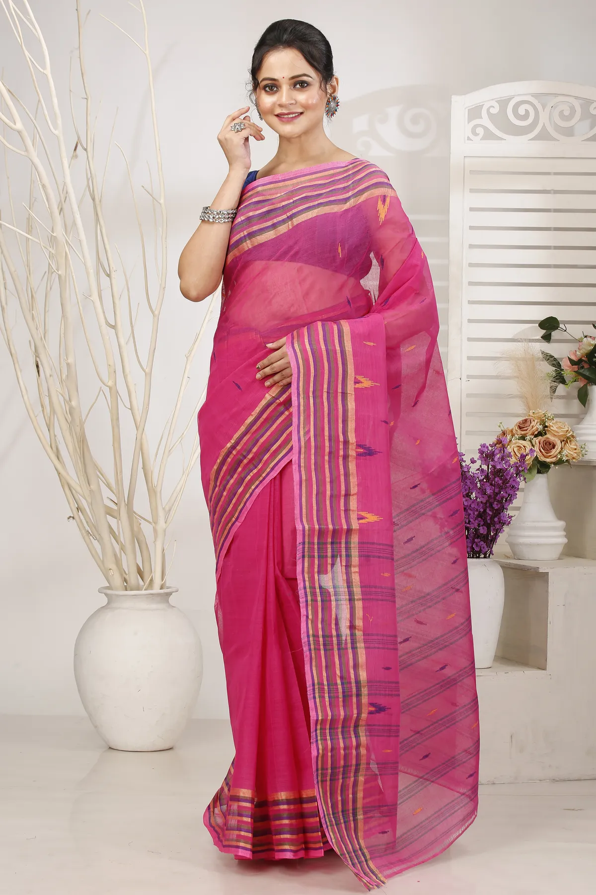 DipDiya Pure Cotton Pink mena Bengal in Every Thread Tant Sarees