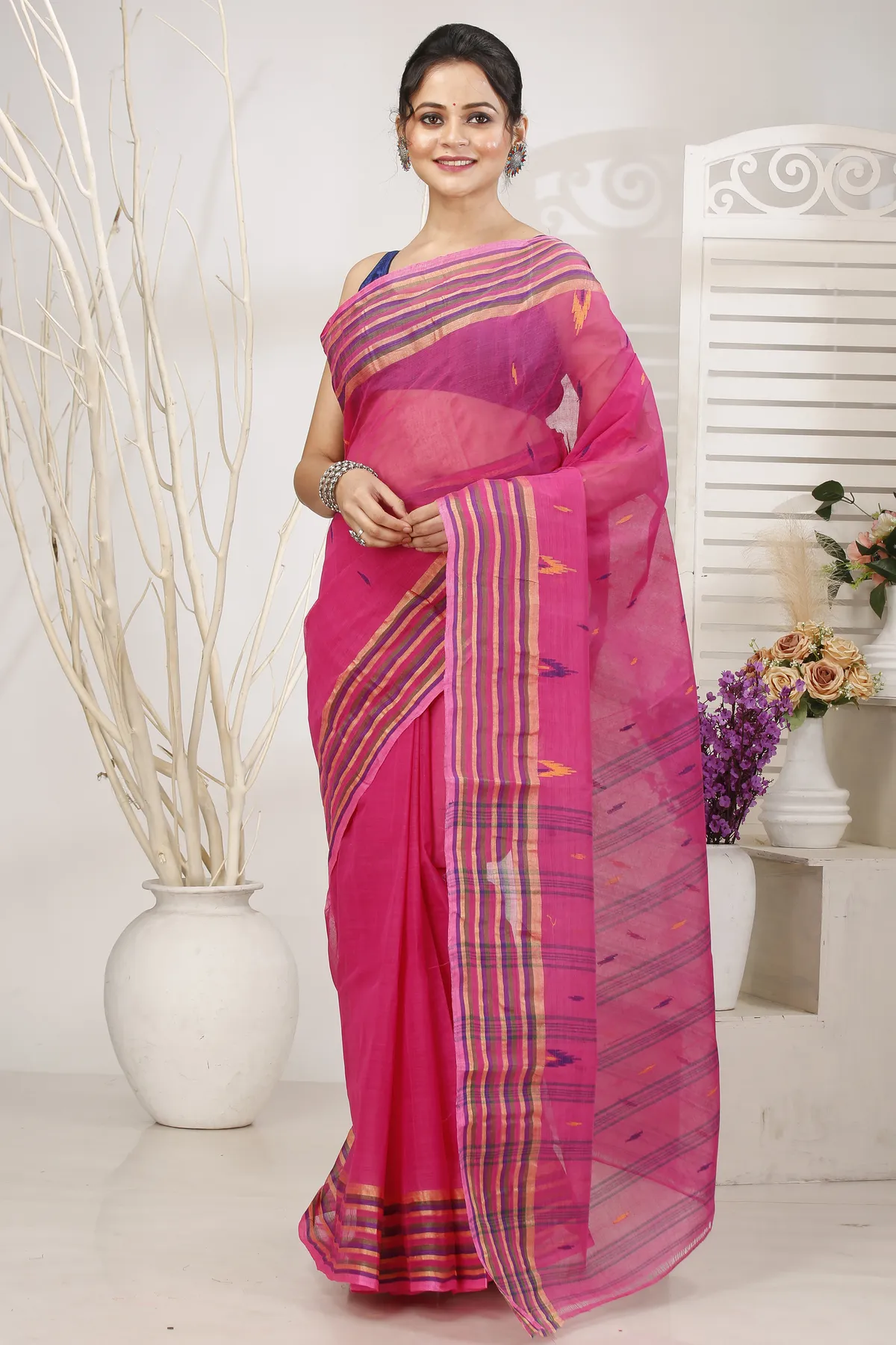 DipDiya Pure Cotton Pink mena Bengal in Every Thread Tant Sarees