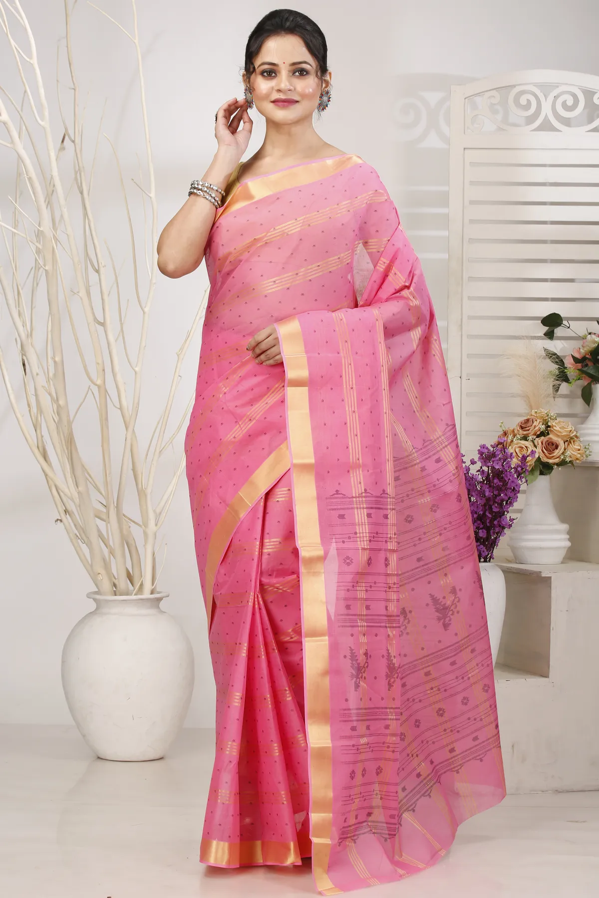 DipDiya Pure Cotton Pink Mera Crafted in Bengal Tant Sarees