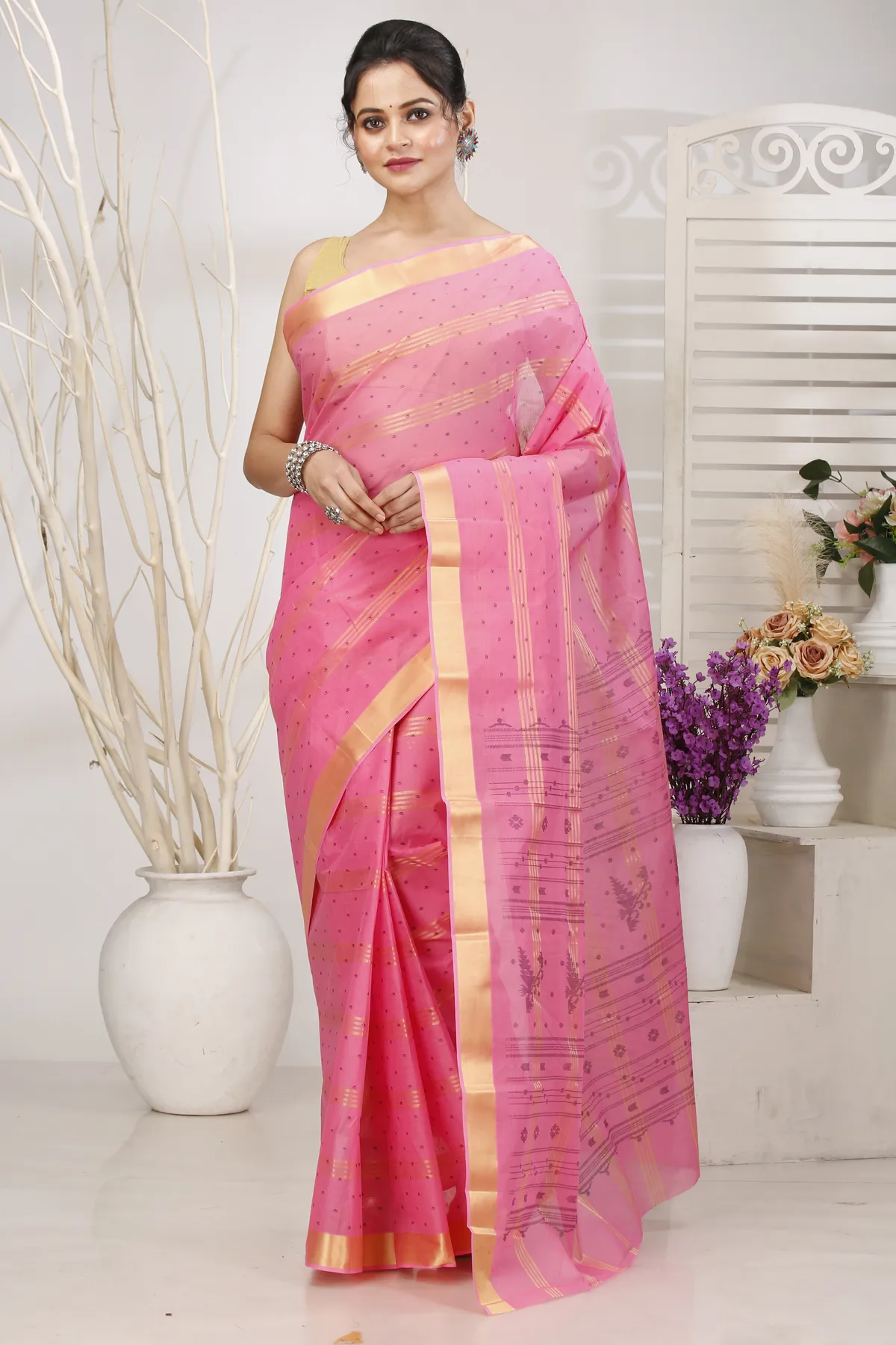 DipDiya Pure Cotton Pink Mera Crafted in Bengal Tant Sarees