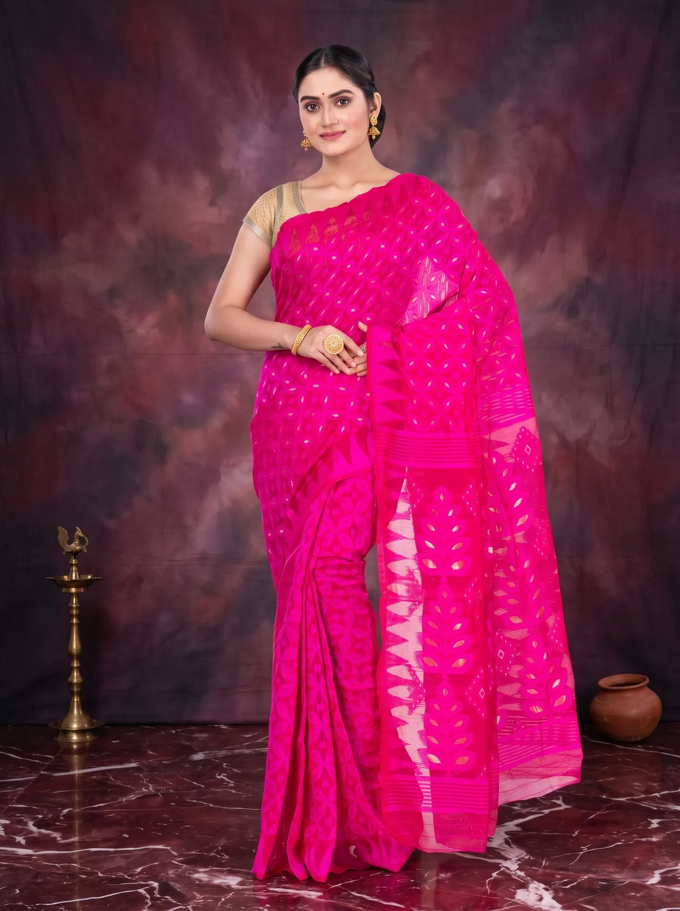 DipDiya Pure Cotton Pink Minakari Jmdni Wrapped in Heritage Jamdani Sarees