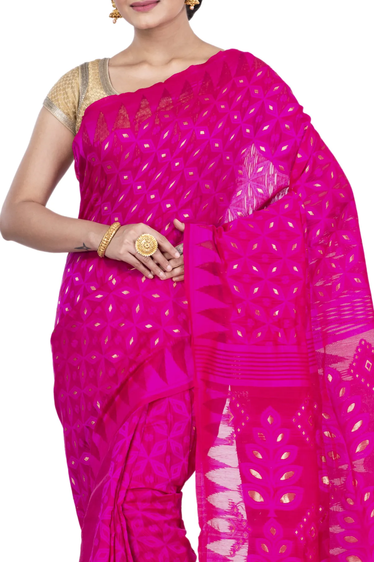 DipDiya Pure Cotton Pink Minakari Jmdni Wrapped in Heritage Jamdani Sarees