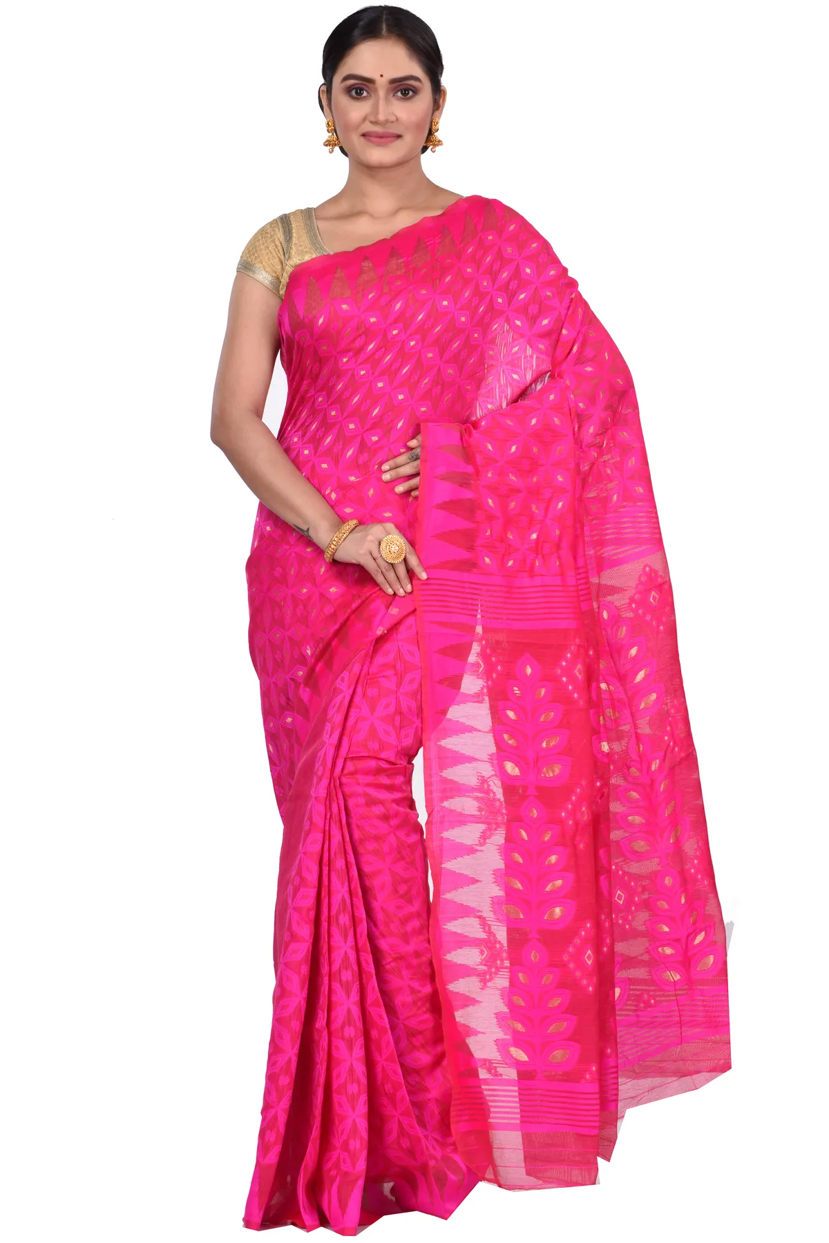 DipDiya Pure Cotton Pink Minakari Jmdni Wrapped in Heritage Jamdani Sarees