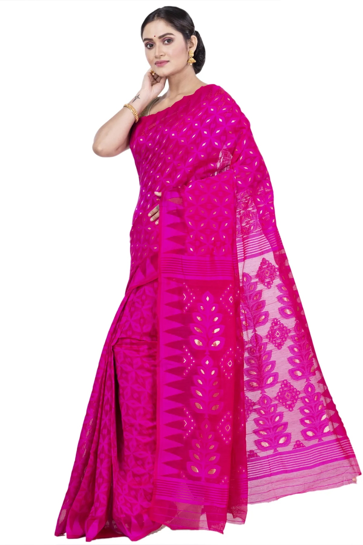 DipDiya Pure Cotton Pink Minakari Jmdni Wrapped in Heritage Jamdani Sarees