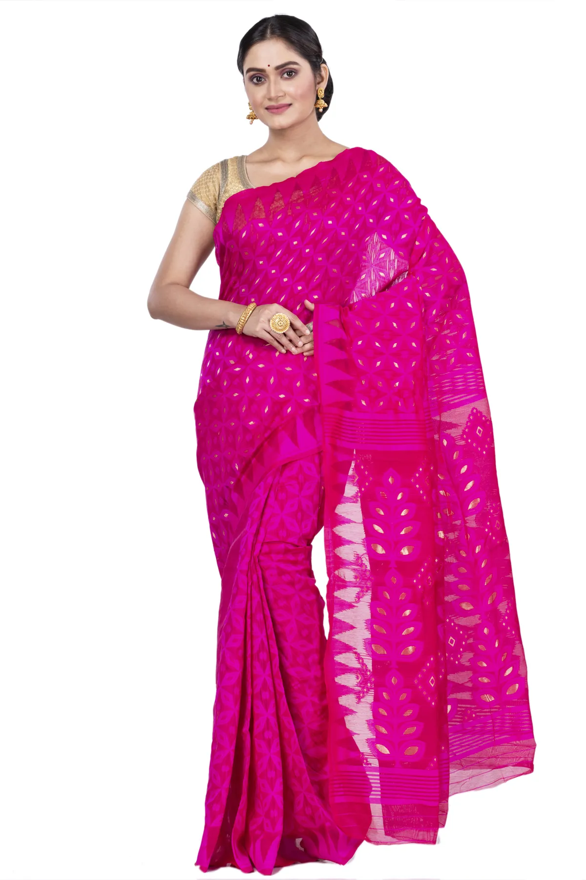 DipDiya Pure Cotton Pink Minakari Jmdni Wrapped in Heritage Jamdani Sarees