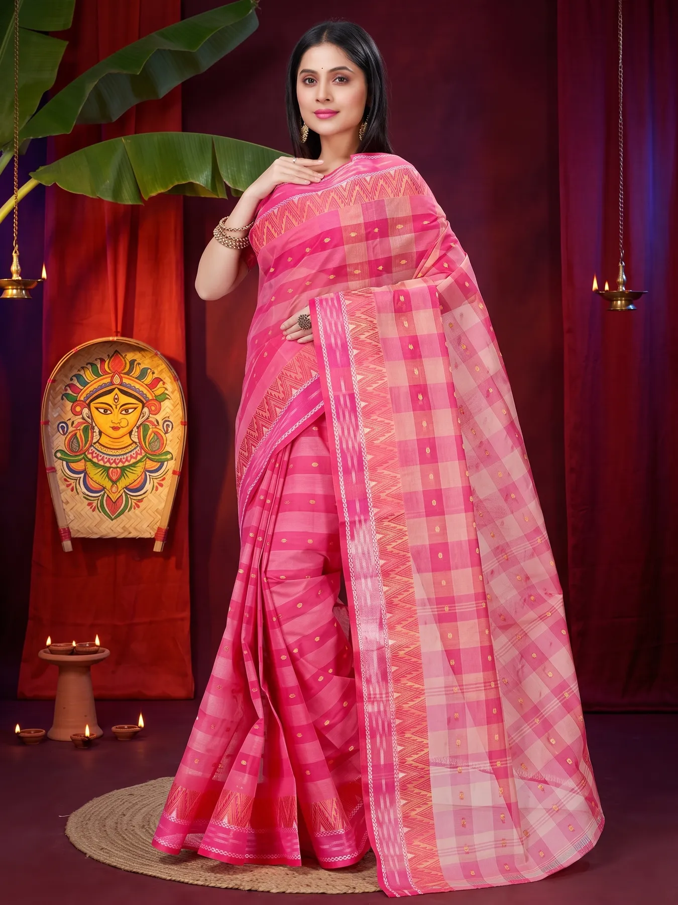 DipDiya Pure Cotton Pink Niladdri Bengali Heritage Tant Sarees