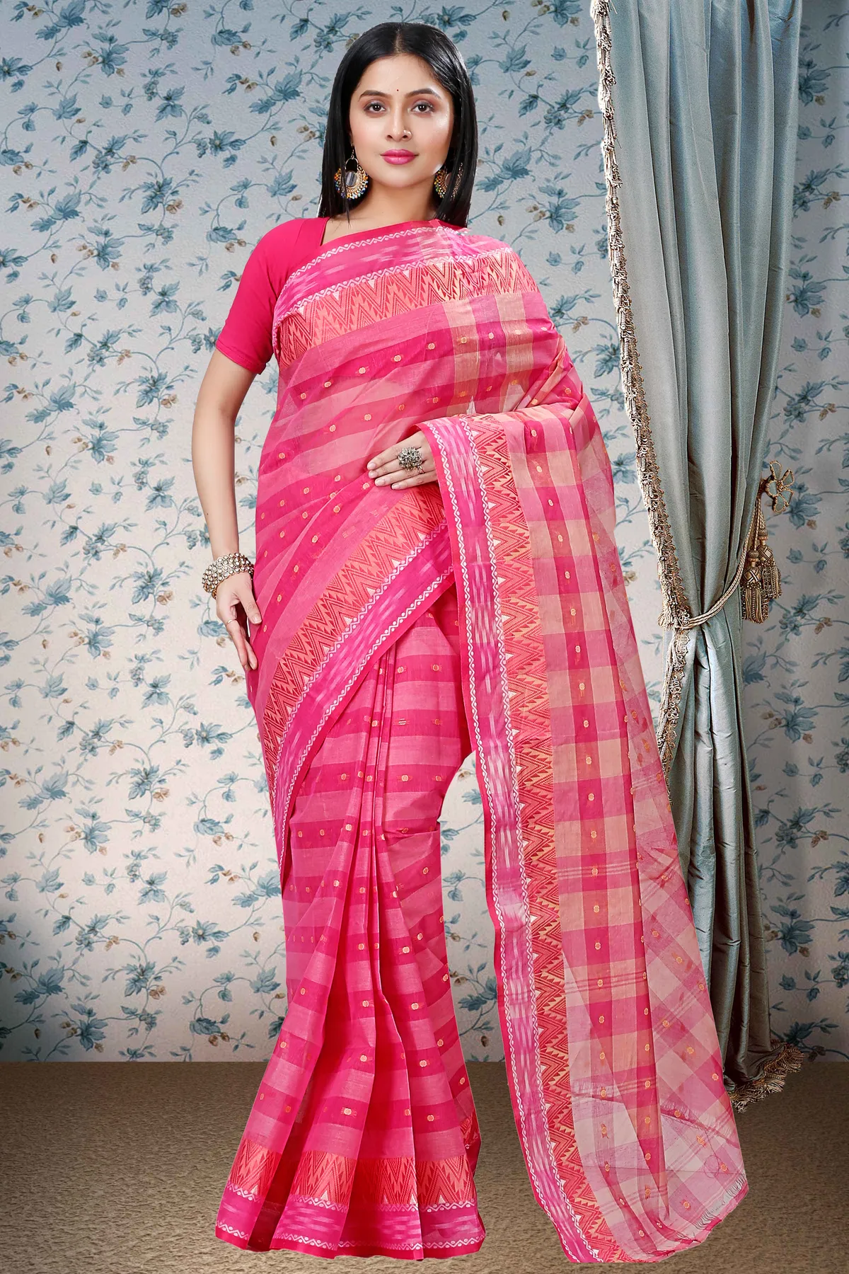 DipDiya Pure Cotton Pink Niladdri Bengali Heritage Tant Sarees