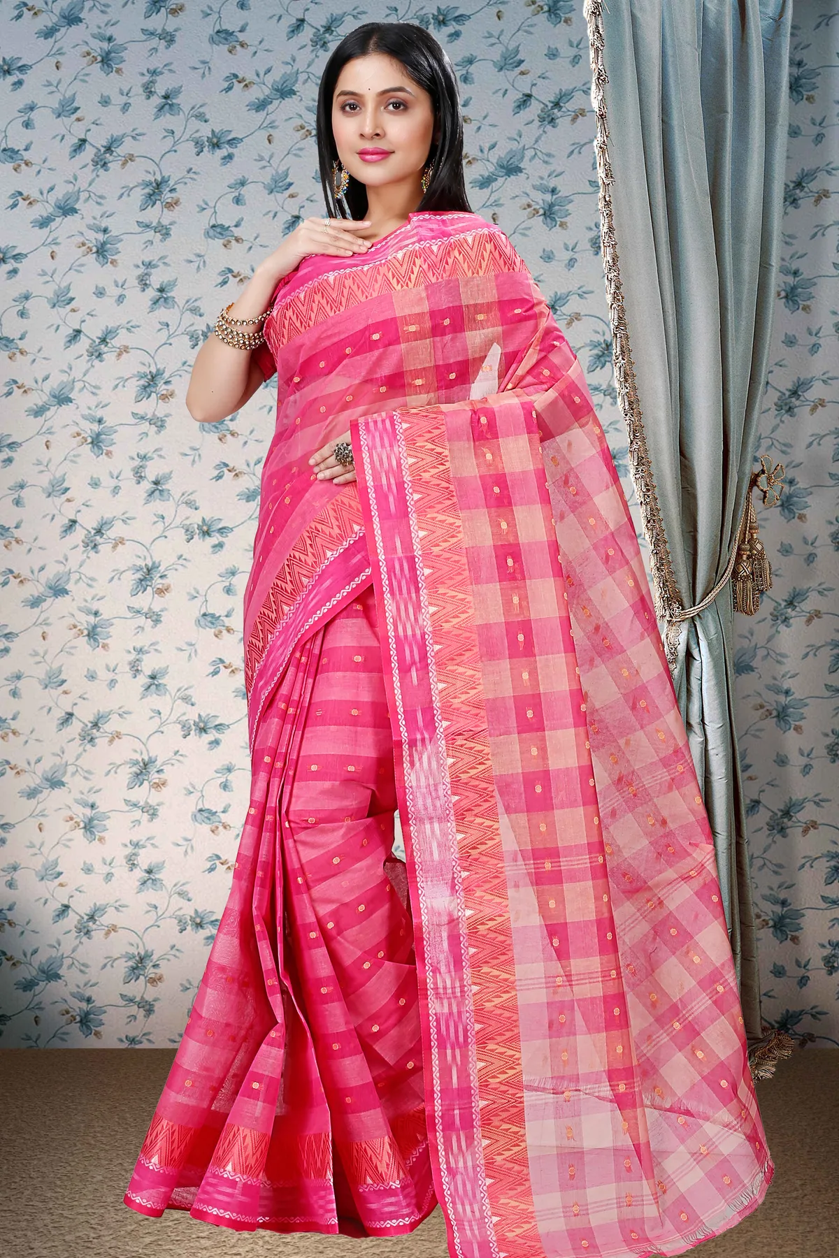 DipDiya Pure Cotton Pink Niladdri Bengali Heritage Tant Sarees