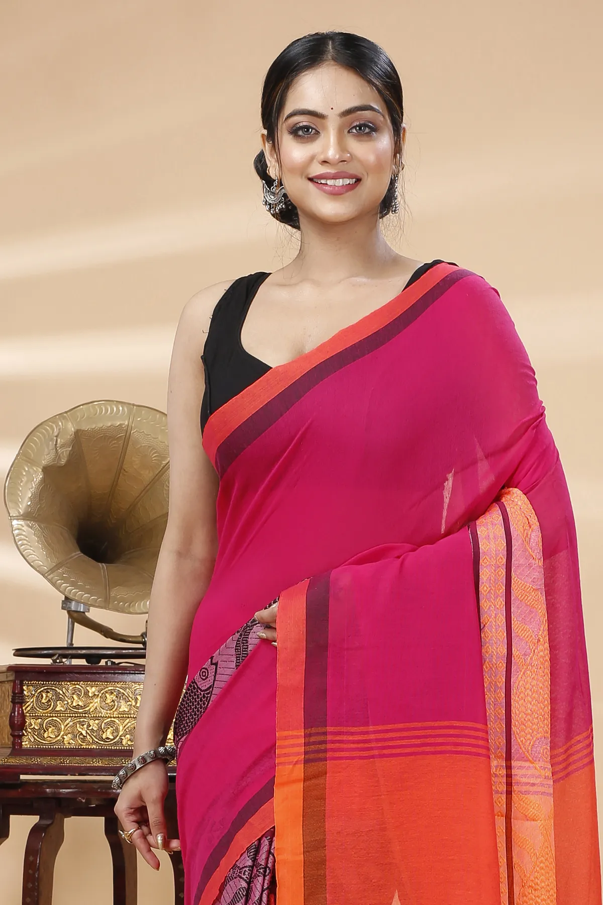 DipDiya Pure Cotton Pink Orange Marine Woven with Tradition Handloom Sarees