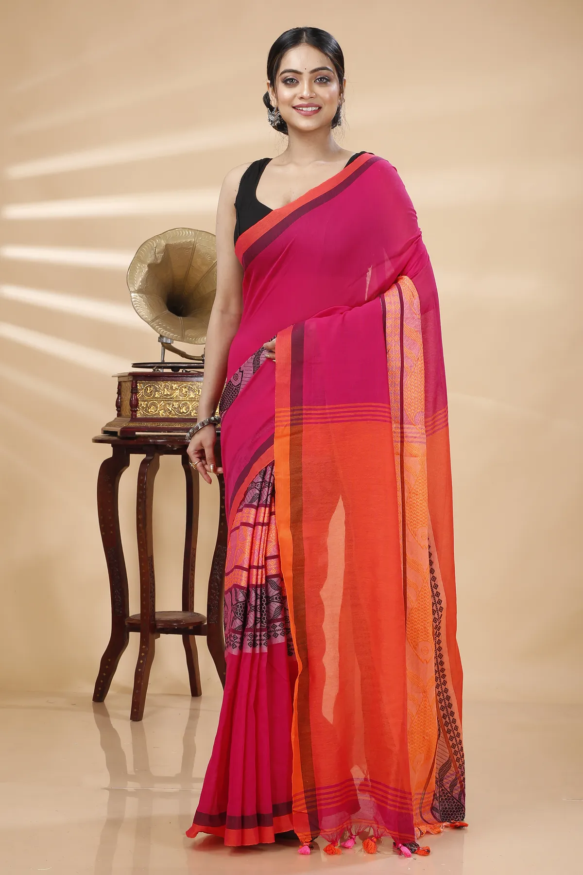 DipDiya Pure Cotton Pink Orange Marine Woven with Tradition Handloom Sarees