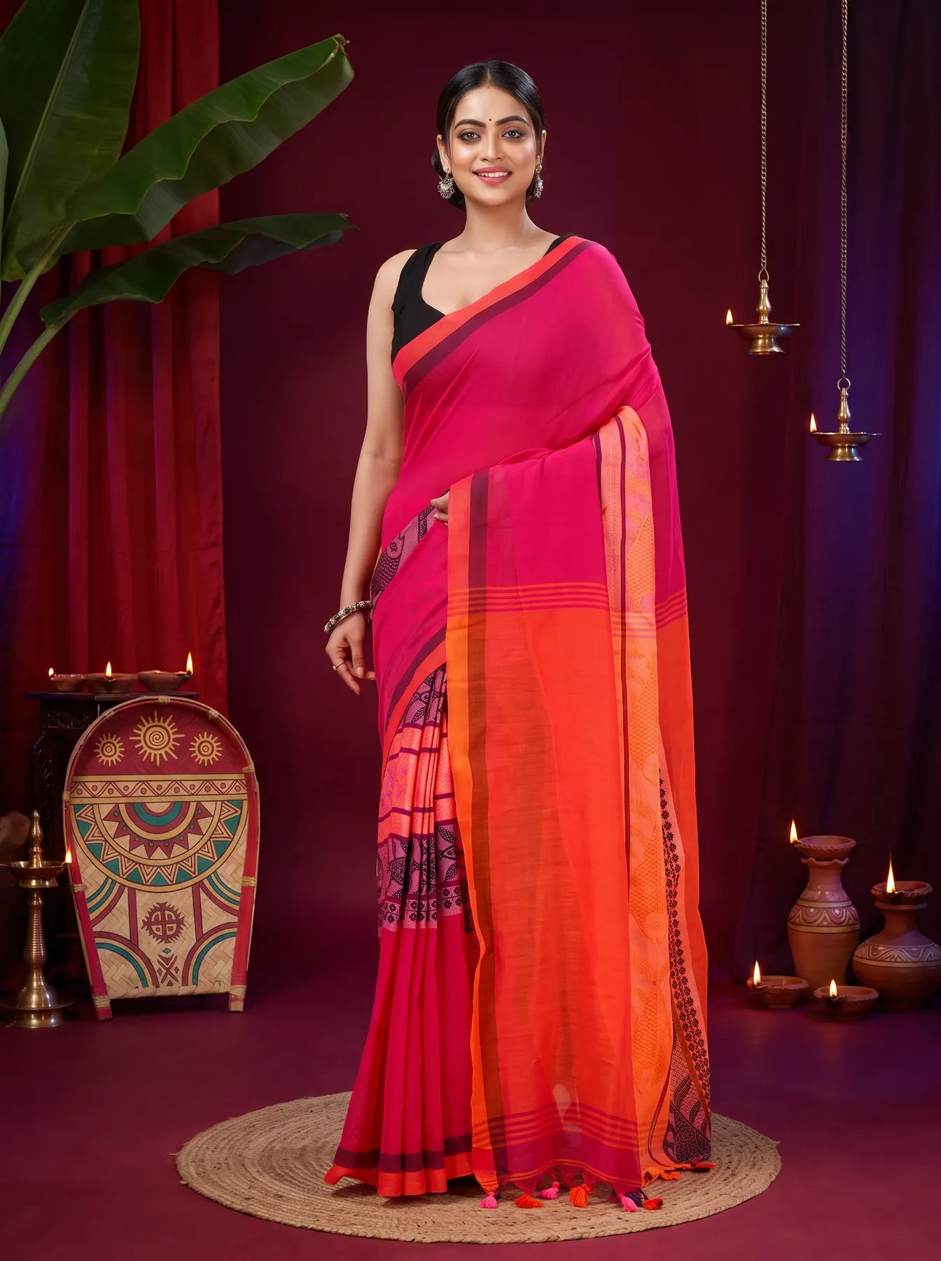 DipDiya Pure Cotton Pink Orange Marine Woven with Tradition Handloom Sarees
