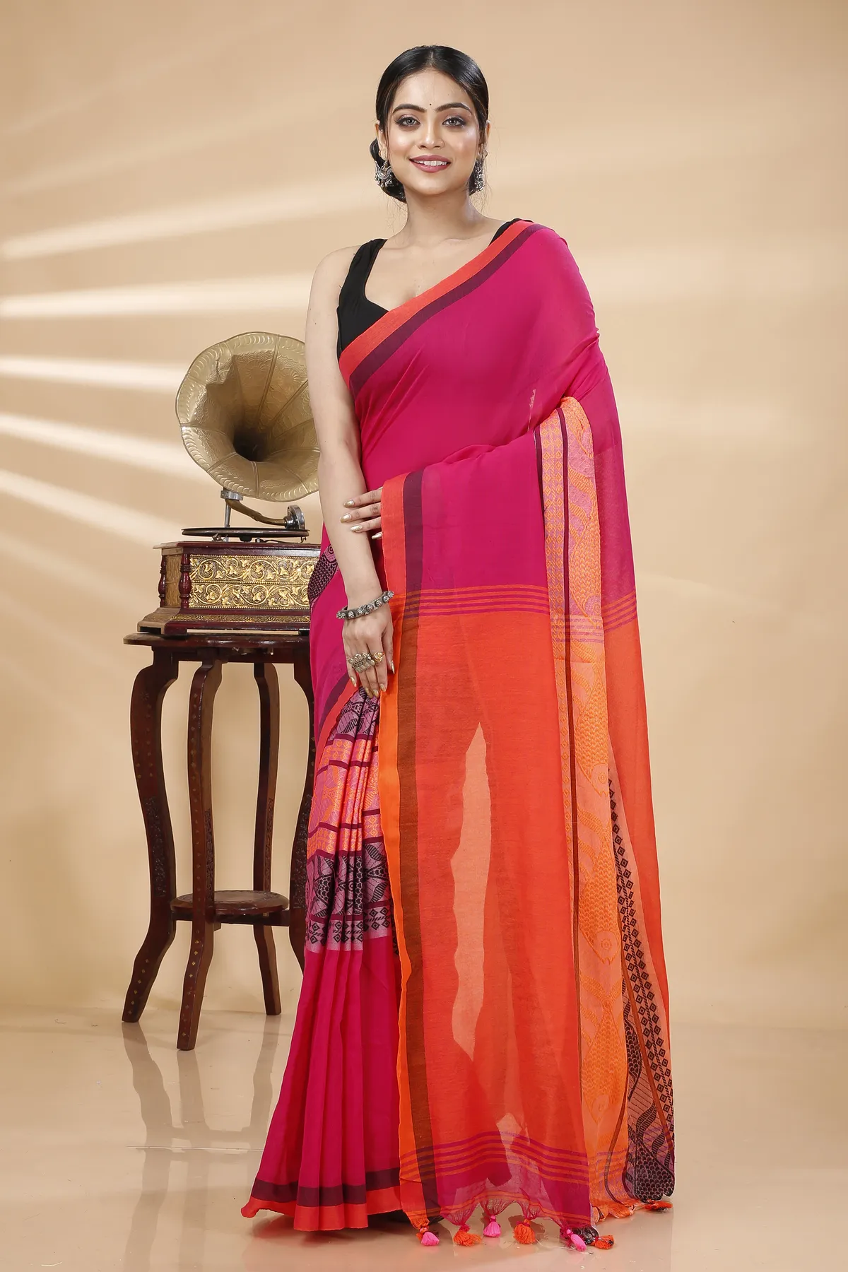 DipDiya Pure Cotton Pink Orange Marine Woven with Tradition Handloom Sarees