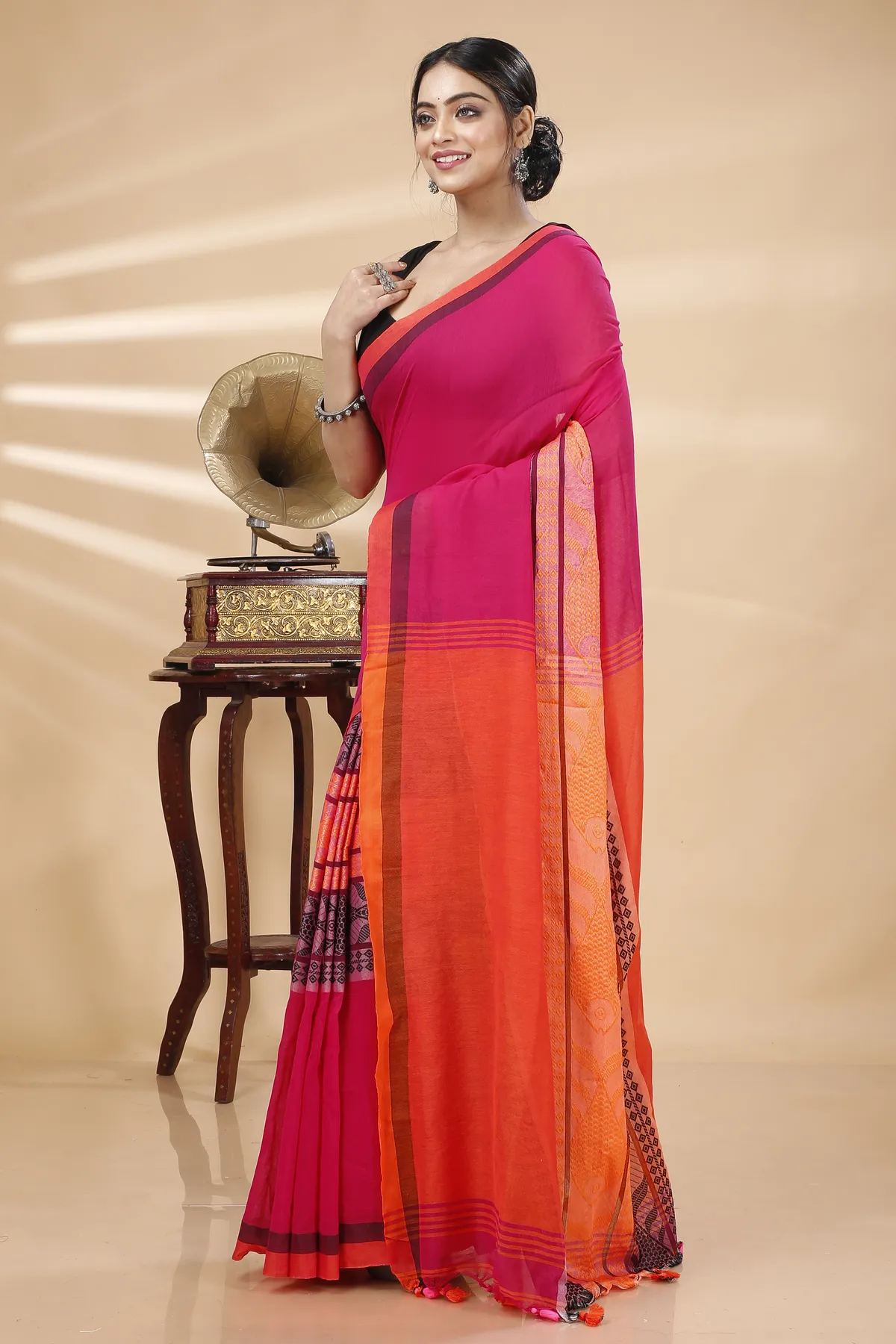 DipDiya Pure Cotton Pink Orange Marine Woven with Tradition Handloom Sarees