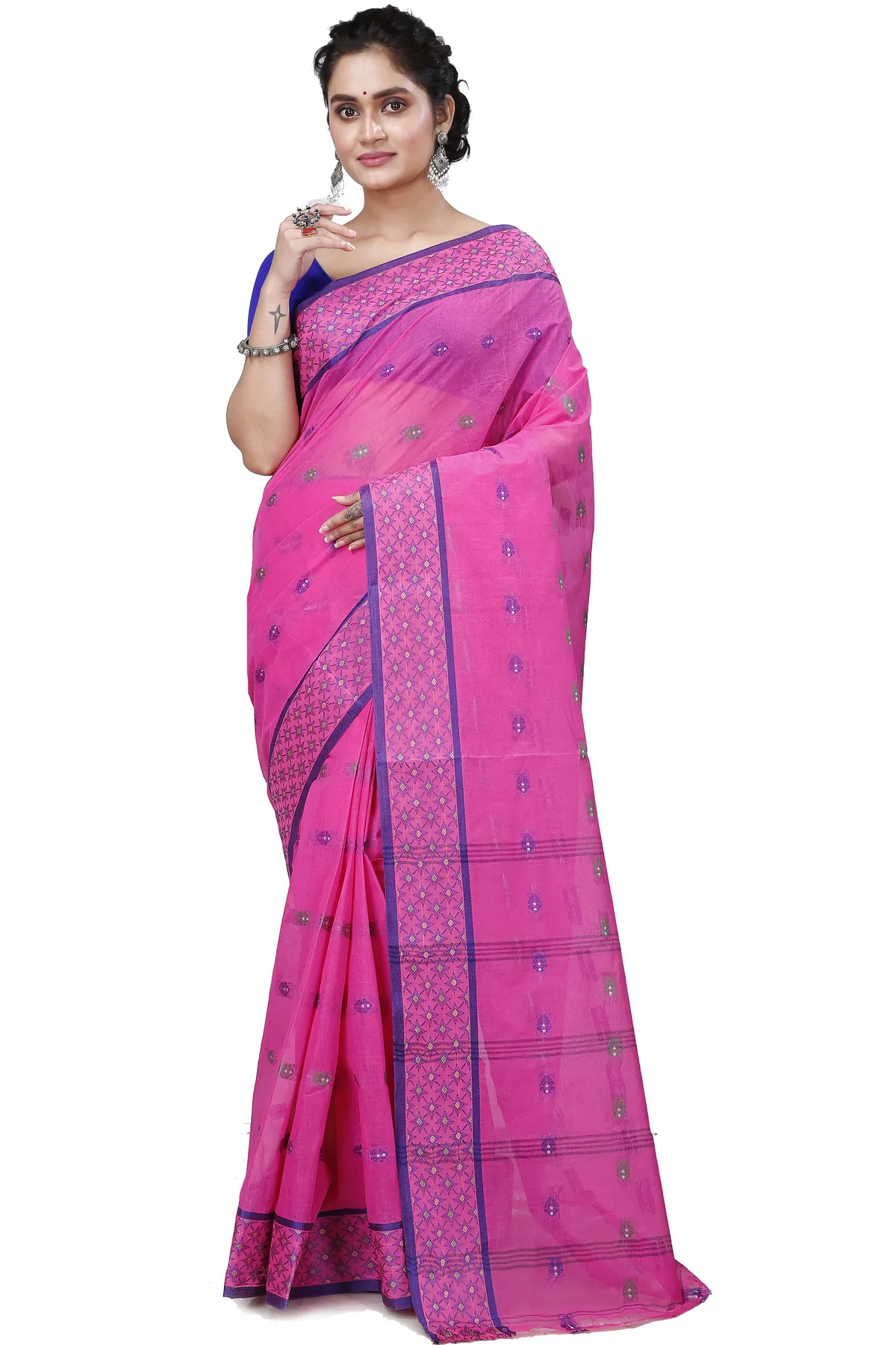 DipDiya Pure Cotton Pink Reese Woven with Tradition Tant Sarees