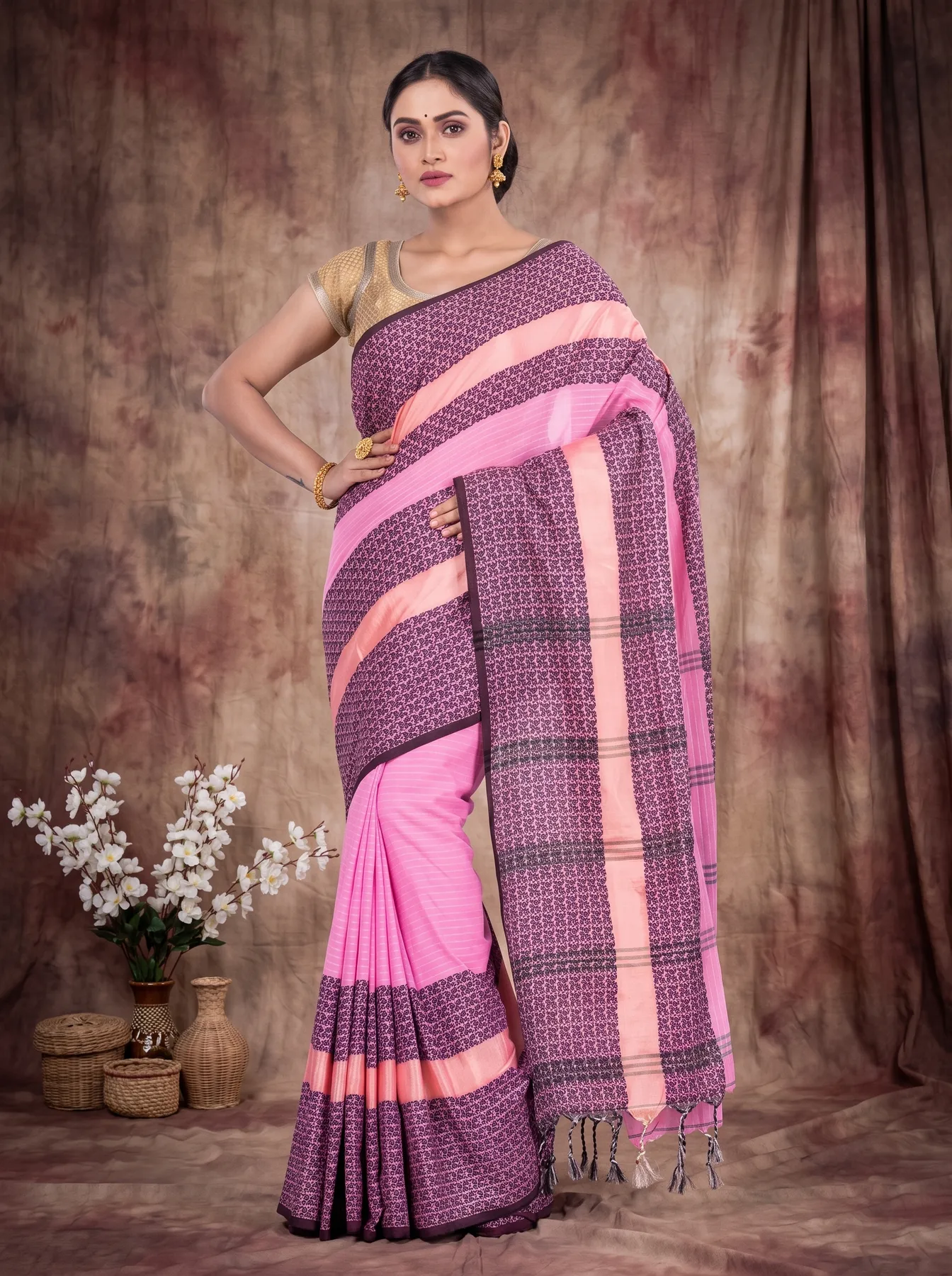 DipDiya Pure Cotton Pink Souraovi Hand Stories of Bengal Handloom Sarees