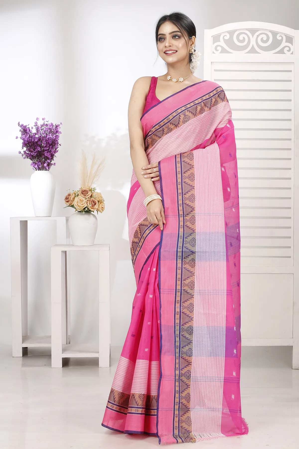 DipDiya Pure Cotton Pink Suto Timeless Bengal Tant Sarees