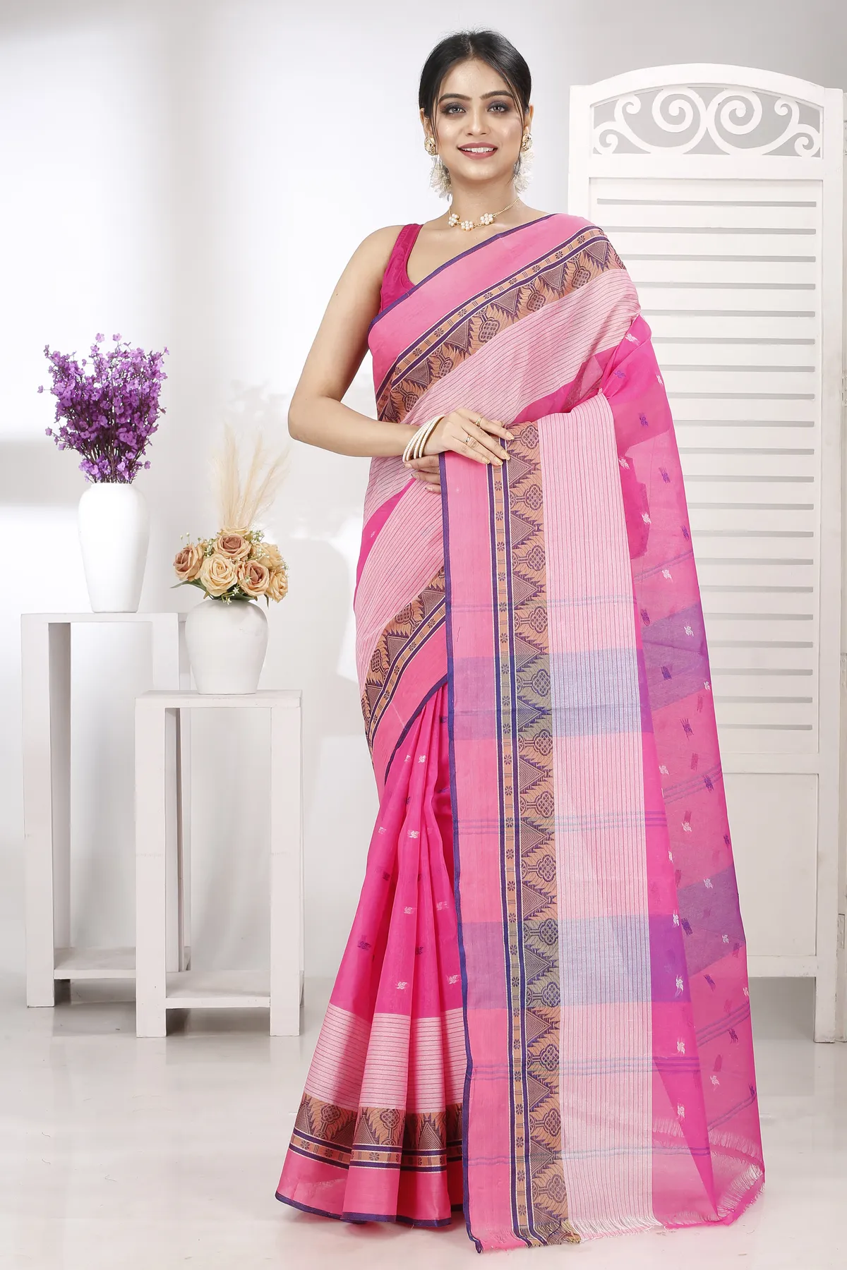 DipDiya Pure Cotton Pink Suto Timeless Bengal Tant Sarees