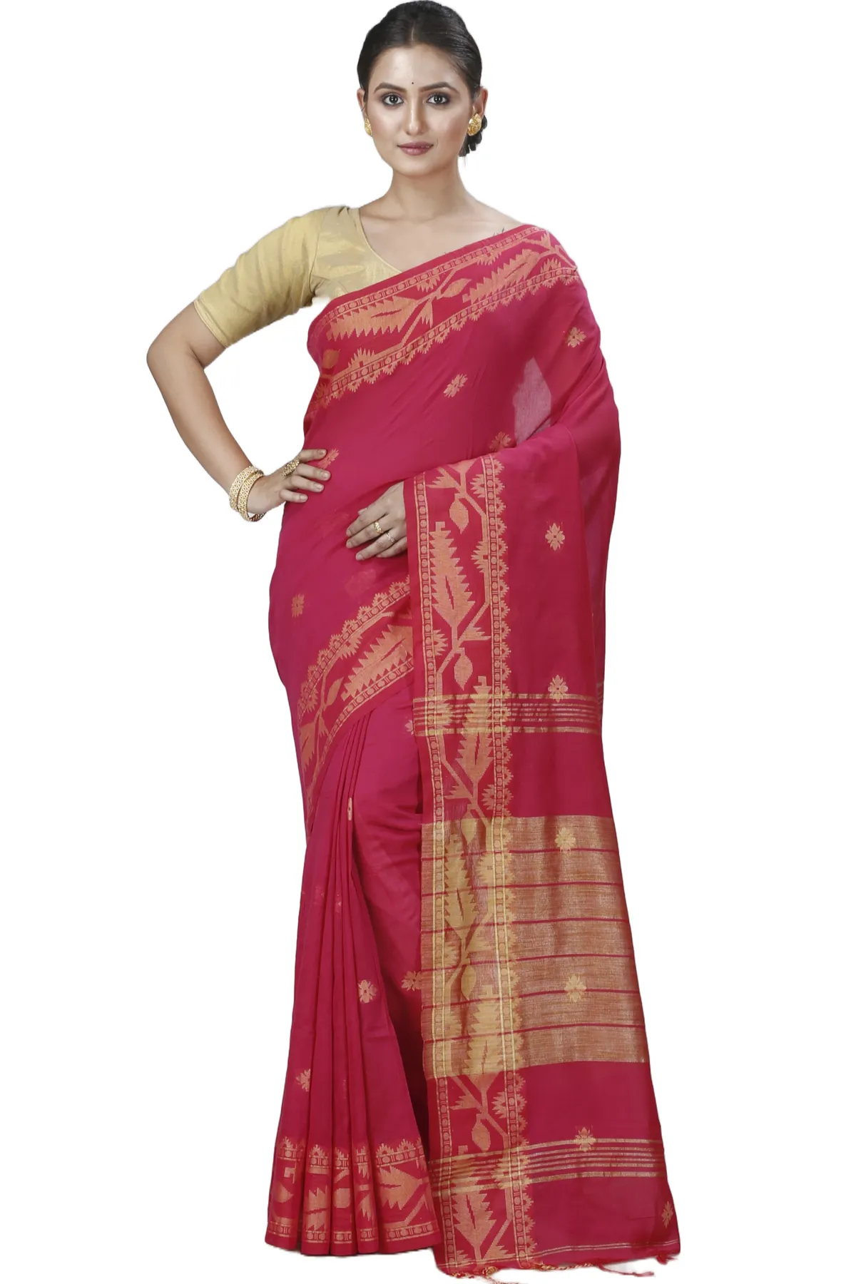 DipDiya Pure Cotton Pink Tuma Timeless Bengal Handloom Sarees