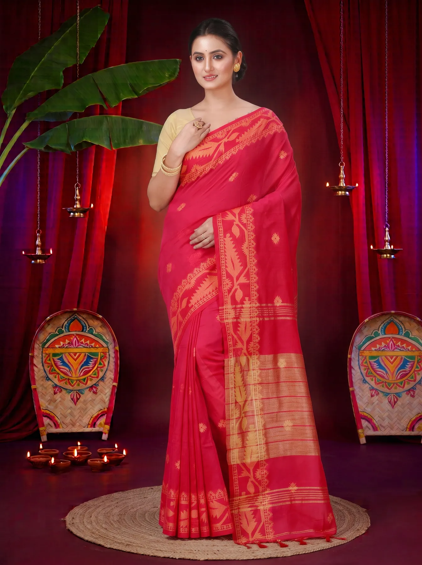 DipDiya Pure Cotton Pink Tuma Timeless Bengal Handloom Sarees
