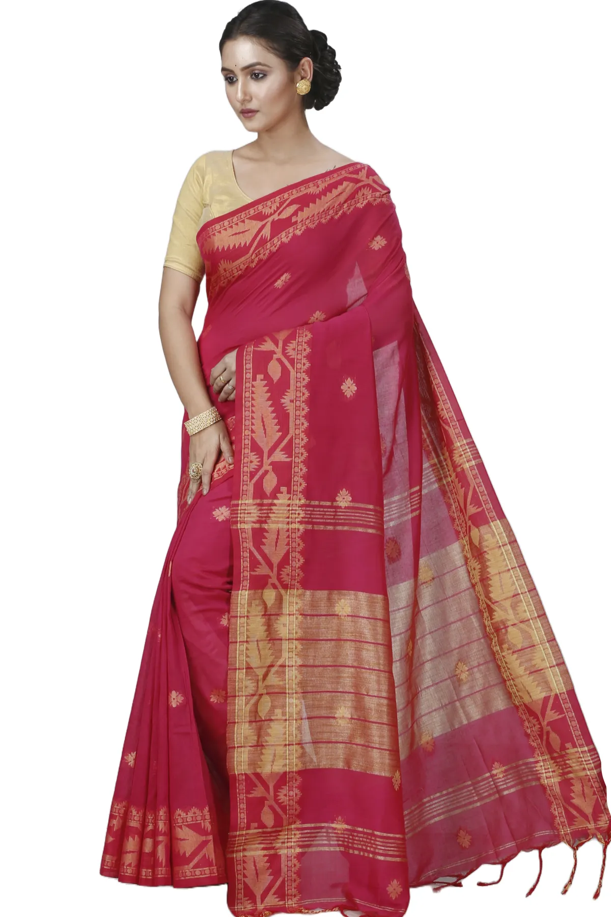 DipDiya Pure Cotton Pink Tuma Timeless Bengal Handloom Sarees